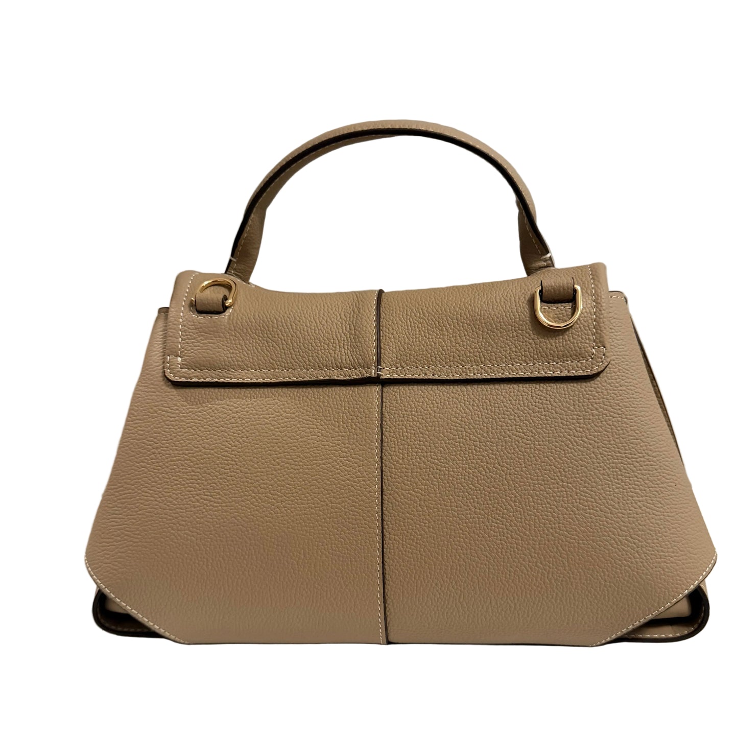 Beige handbag on a white surface with a gray background
