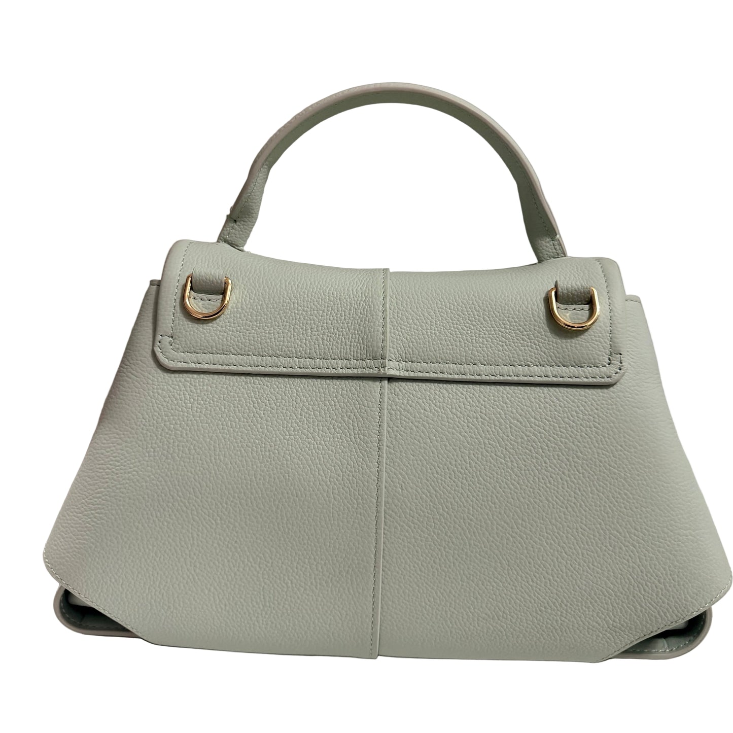 Light blue handbag with gold hardware on a neutral background