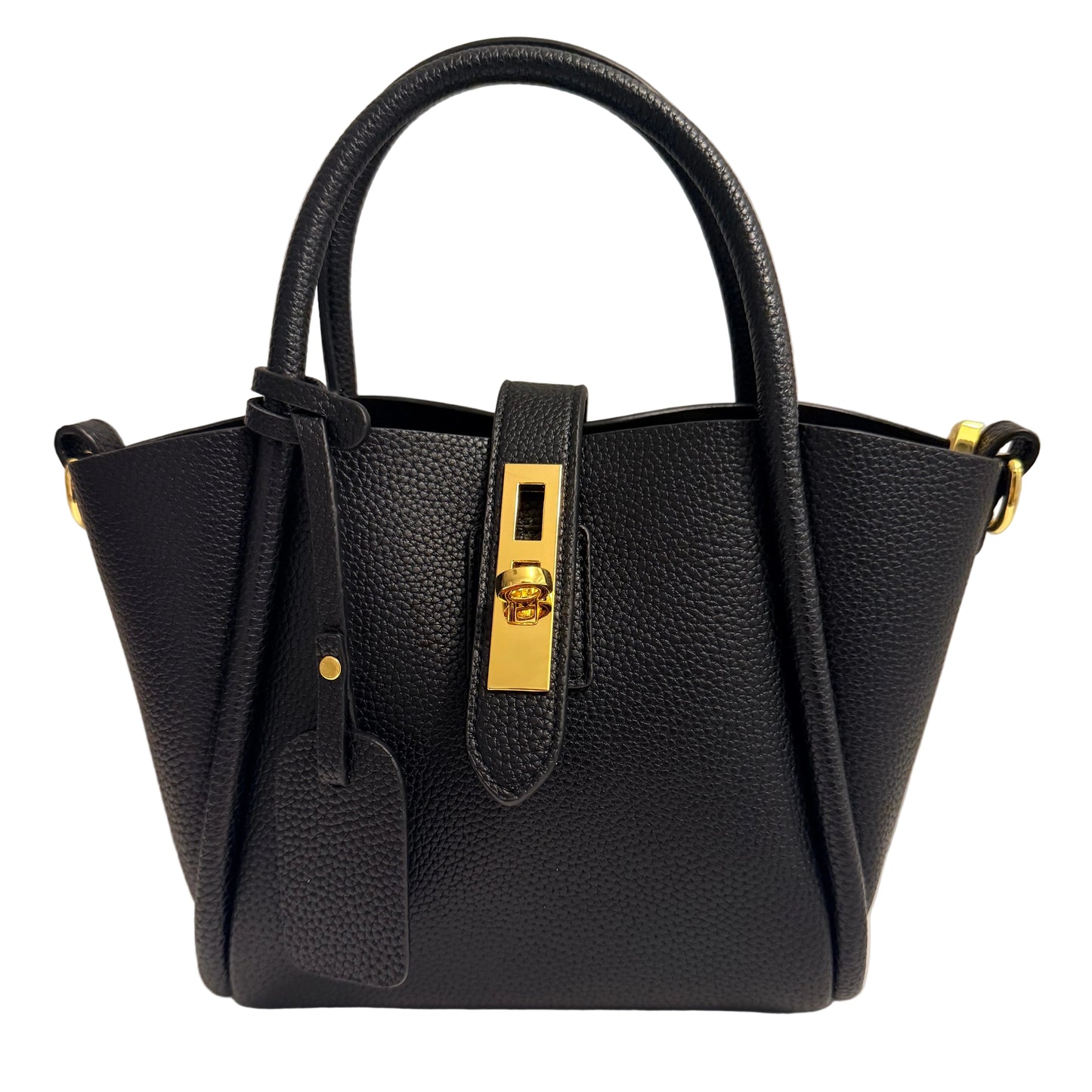 Black handbag with gold hardware on a light beige background