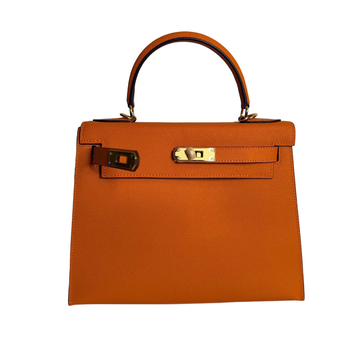 Orange handbag with gold clasp on a light gray background