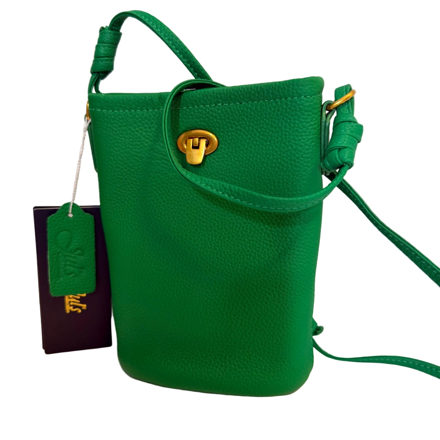 Green leather handbag with gold clasp on a white background
