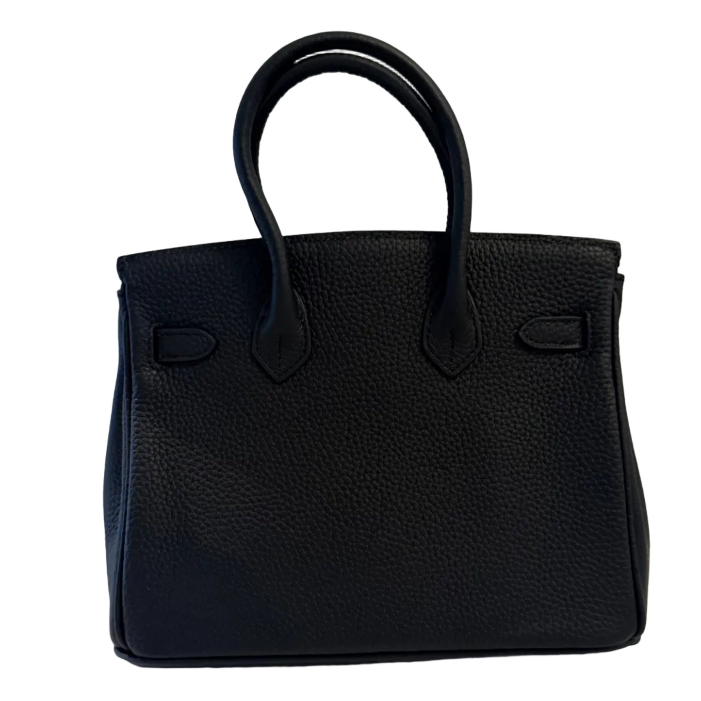 Black handbag on a light gray background