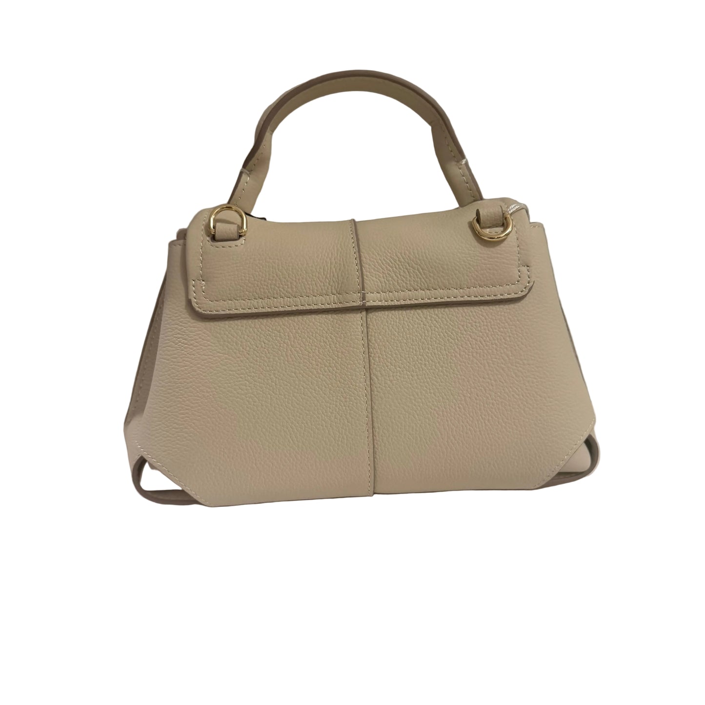 Beige handbag on a white surface with a gray background