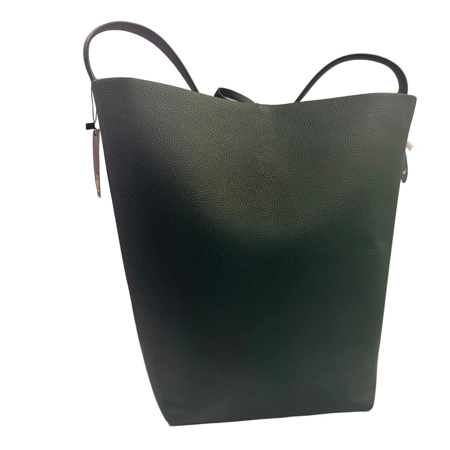 Green leather tote bag on a white surface with a light gray background