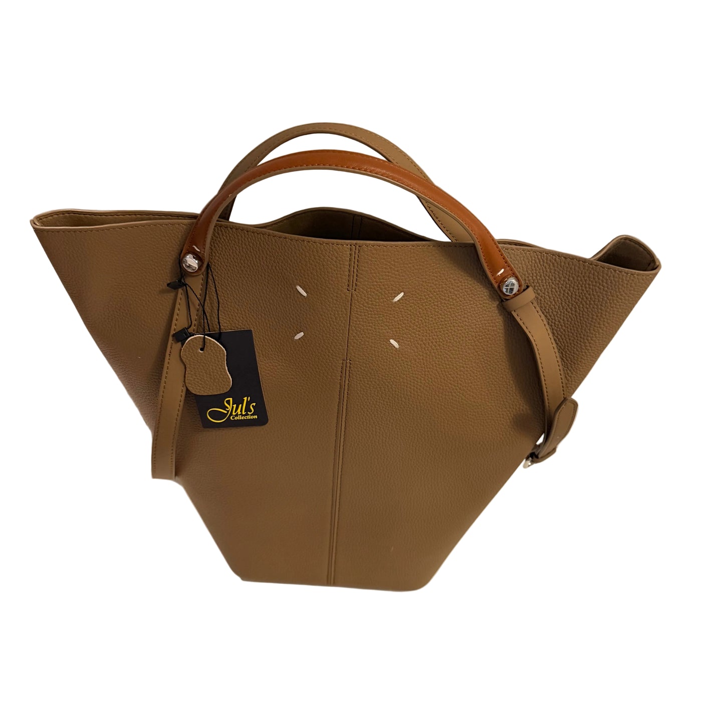 Brown handbag with a visible brand tag on a white surface