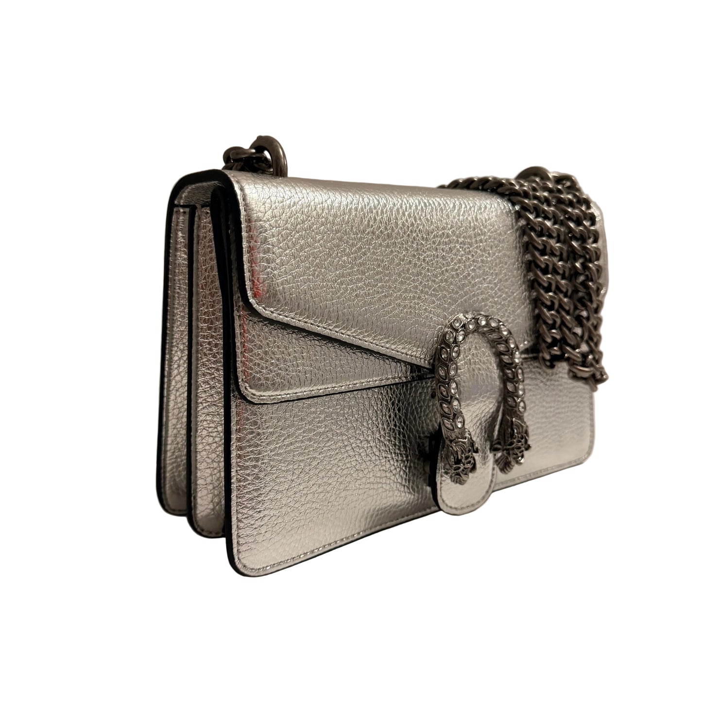 Silver handbag with chain detail on a neutral background