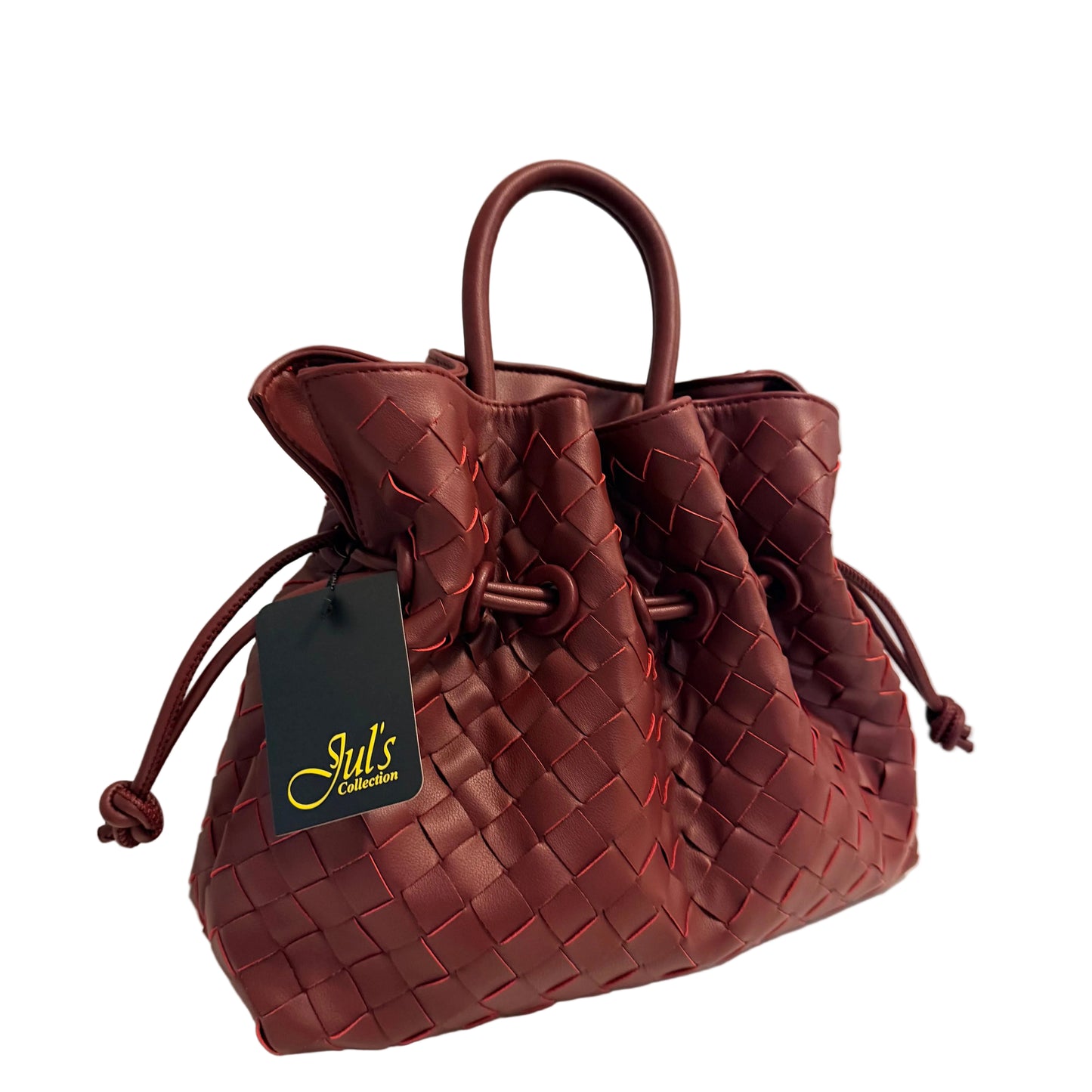 A dark reddish-brown woven leather handbag with a drawstring top and double top handle, featuring a black hanging tag with gold text that reads 'Jul's Collection', set against a plain light background.