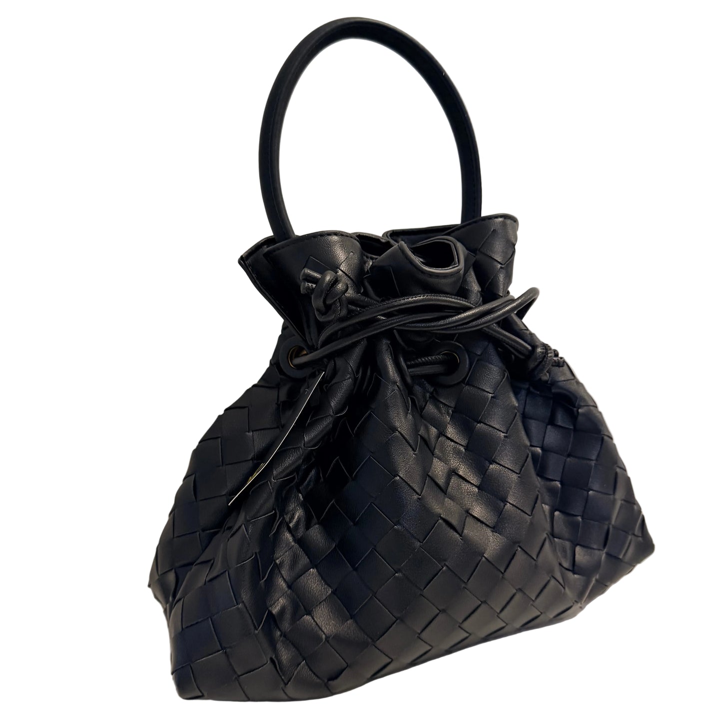 A black woven leather bucket bag with a single top handle, photographed against a plain light background.