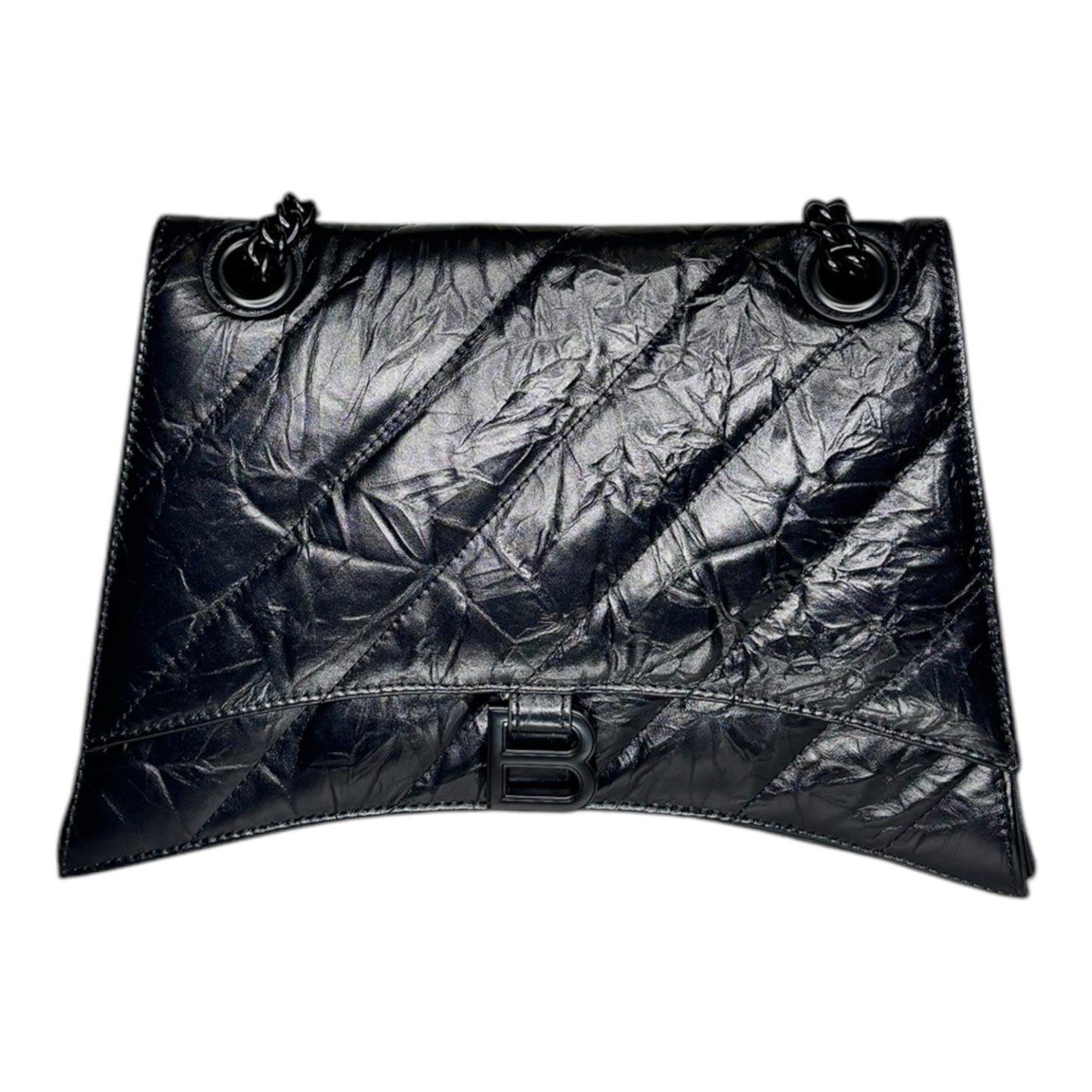 Black leather handbag with a textured surface, featuring two attachment rings and a buckle closure.