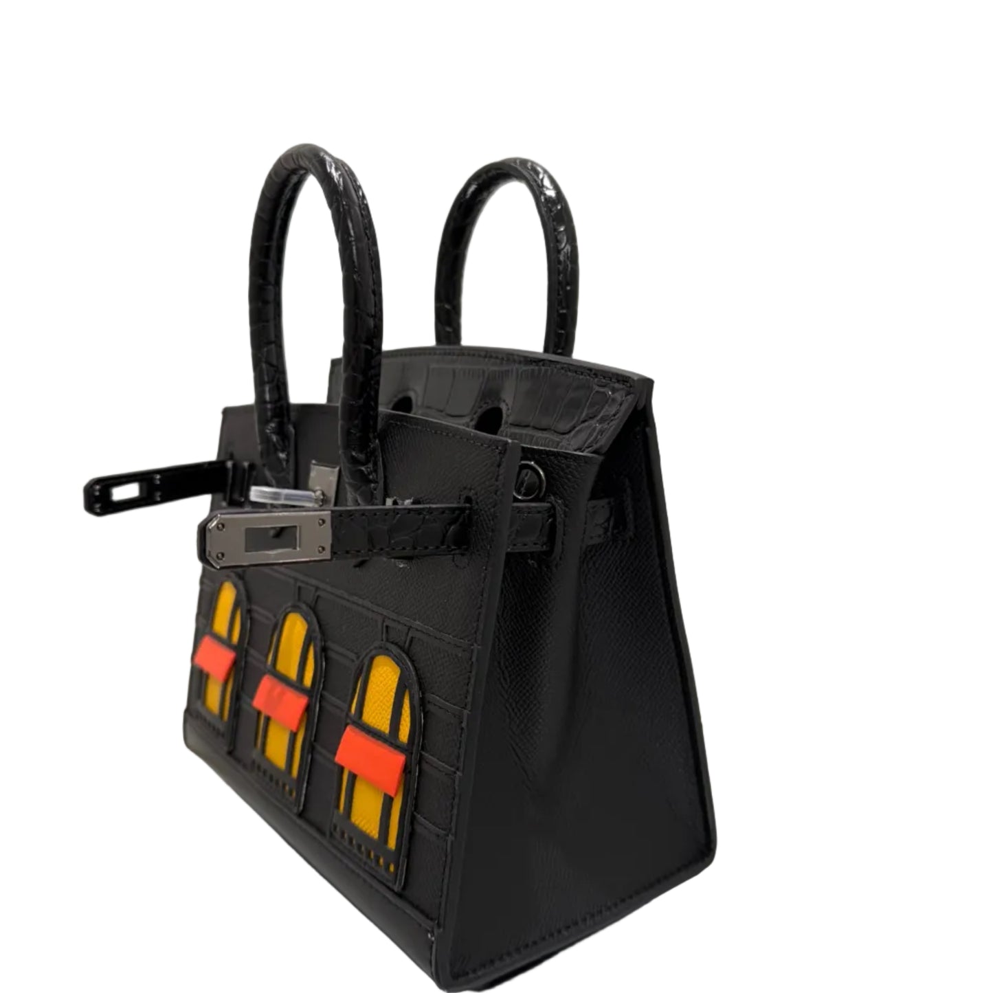 Black bag with colorful patterns on a white background