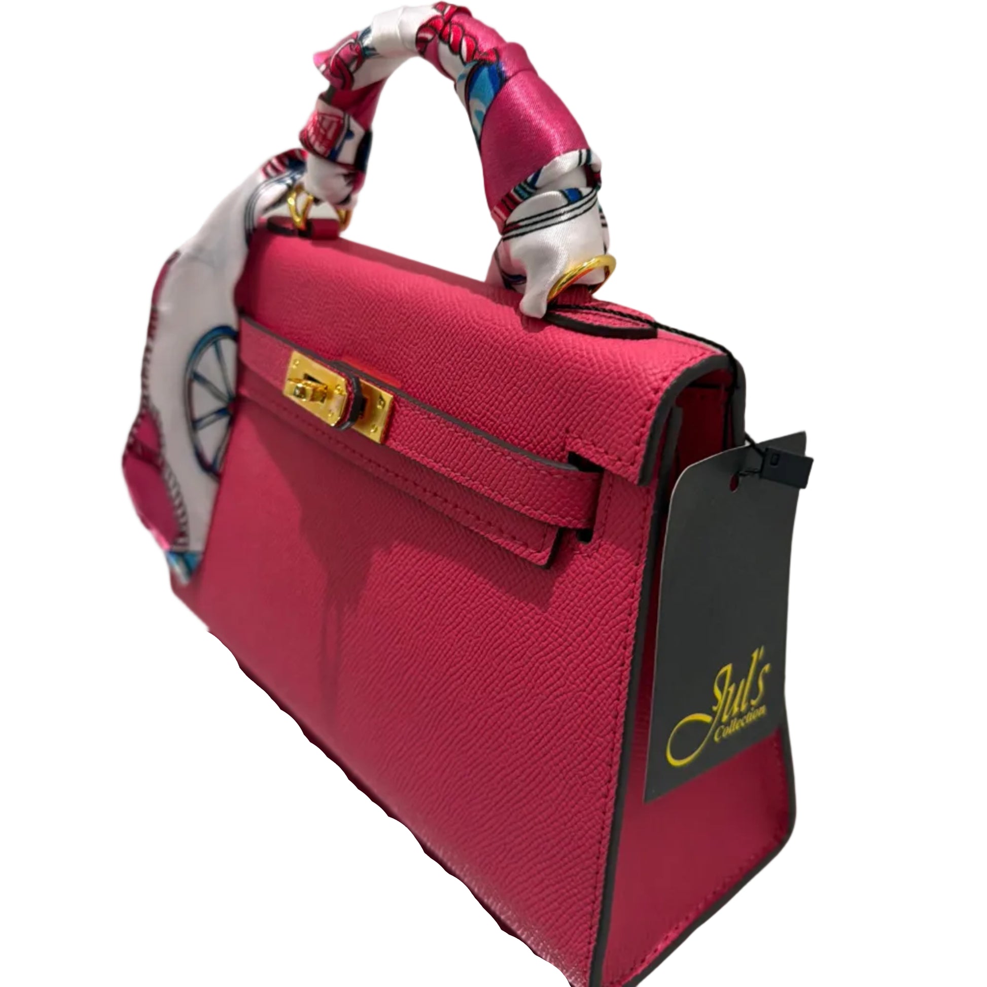 Red handbag with a colorful strap on a white background