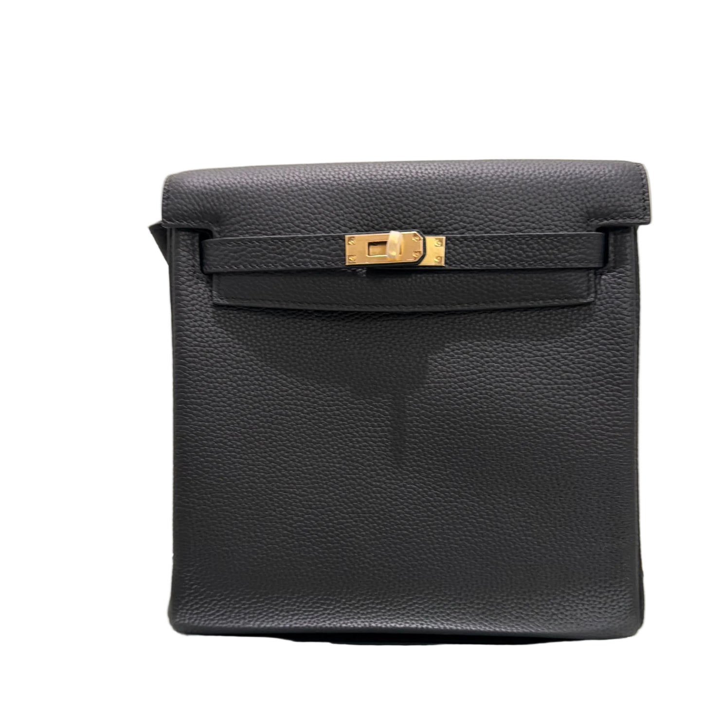 Black leather clutch bag with gold clasp on a light background