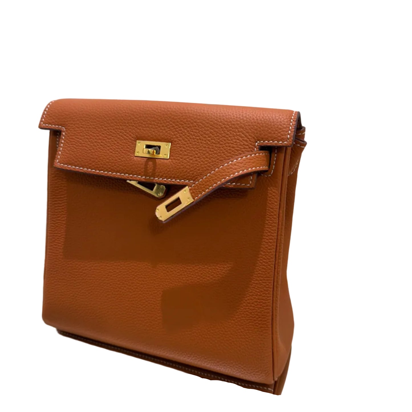 Brown leather handbag with gold clasp on a white background