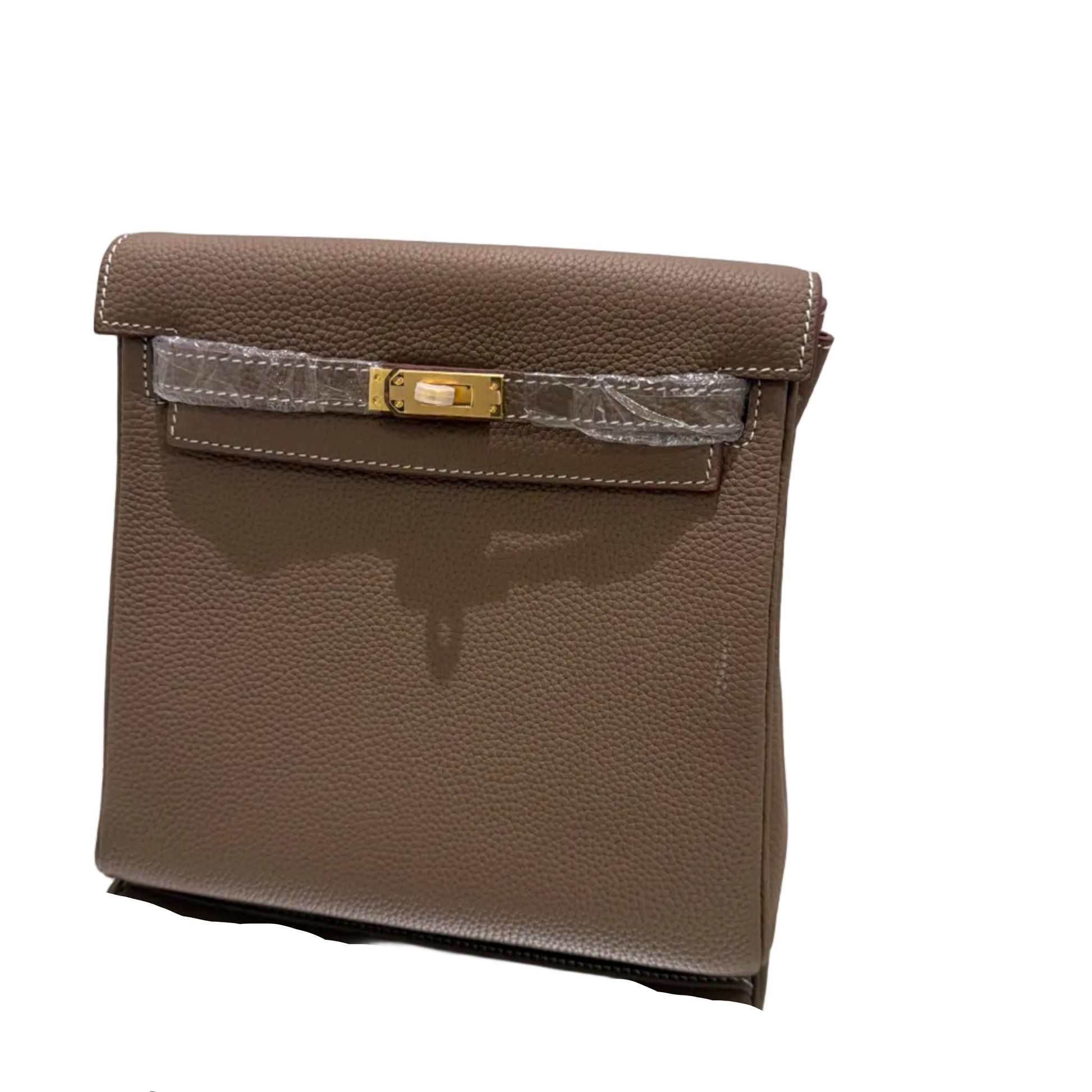 Brown leather handbag with gold clasp on a light gray background