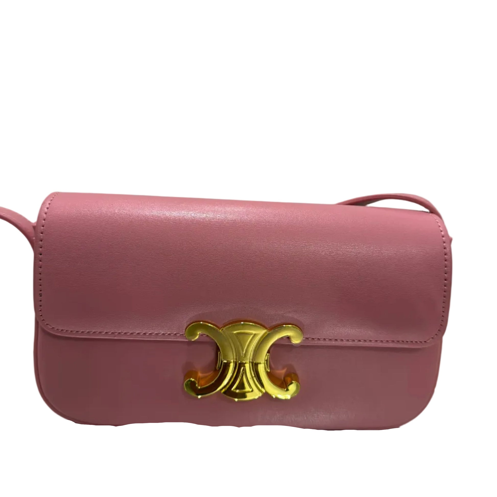 Pink handbag with gold accents on a light gray background