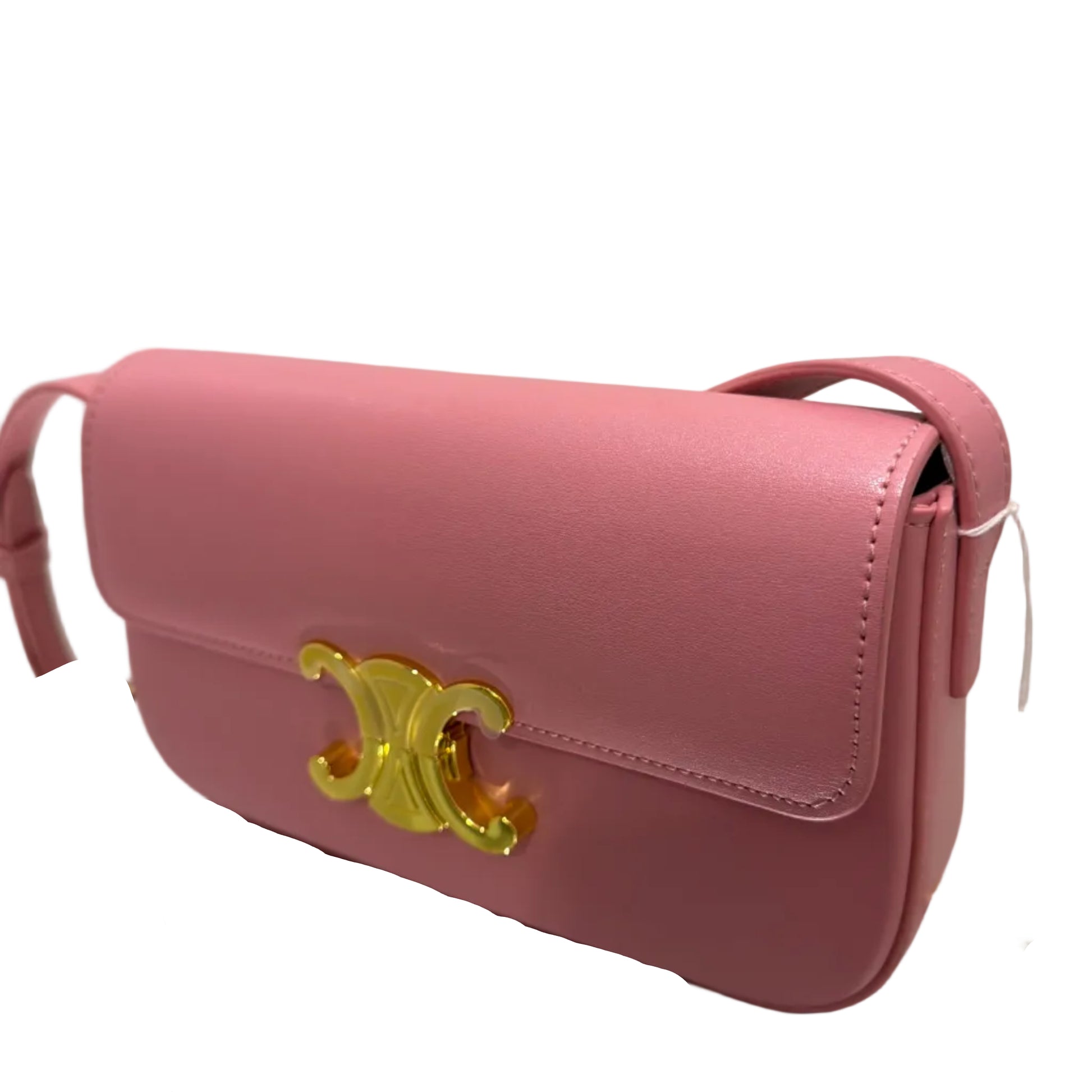 Pink handbag with gold accents on a white background