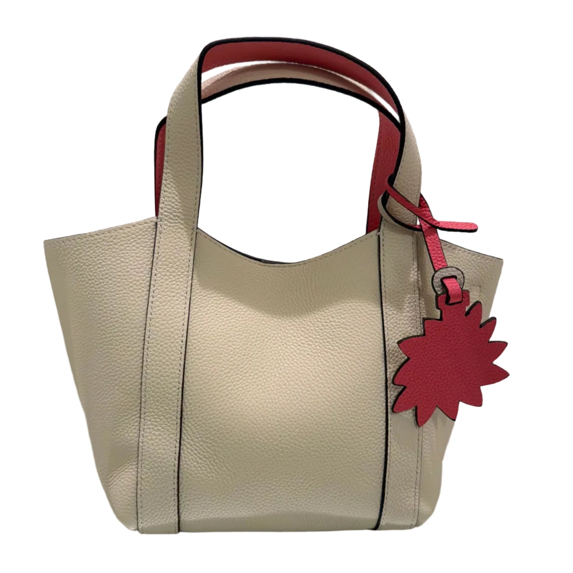 Beige handbag with red accents on a white background