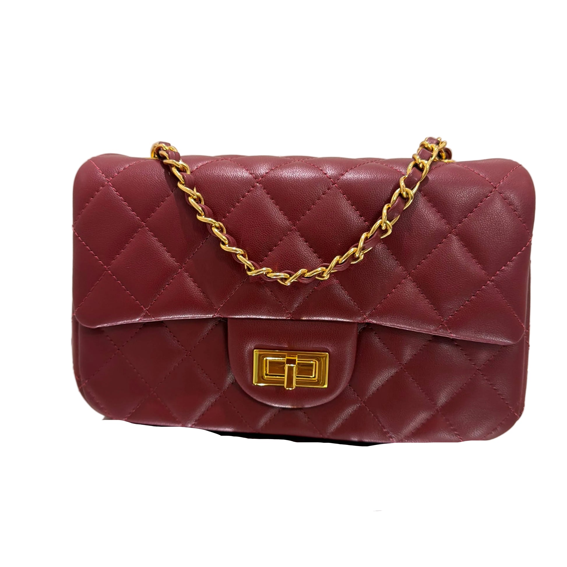 Two maroon quilted handbags with gold chains and clasp on a light background