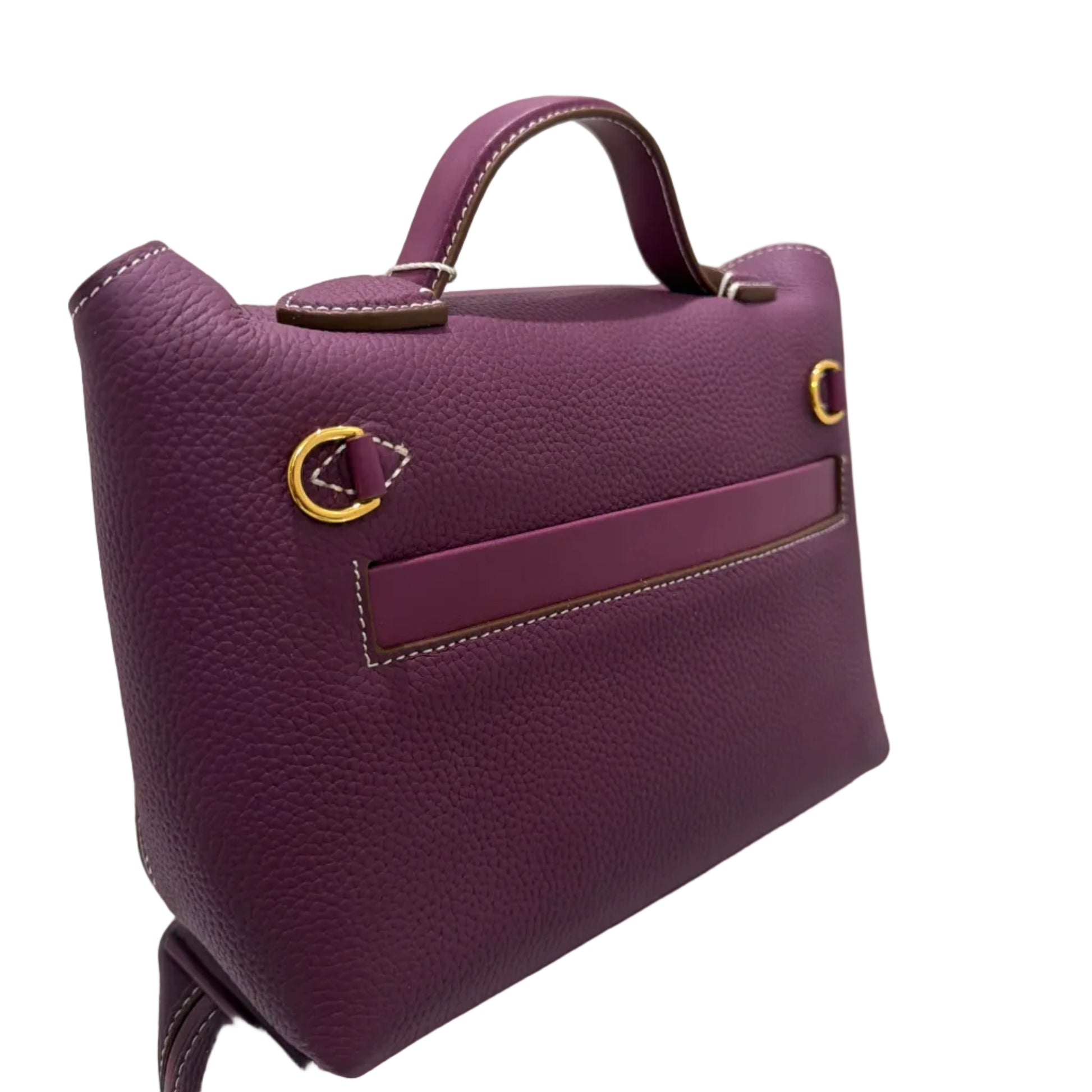 Purple handbag with gold accents on a white background