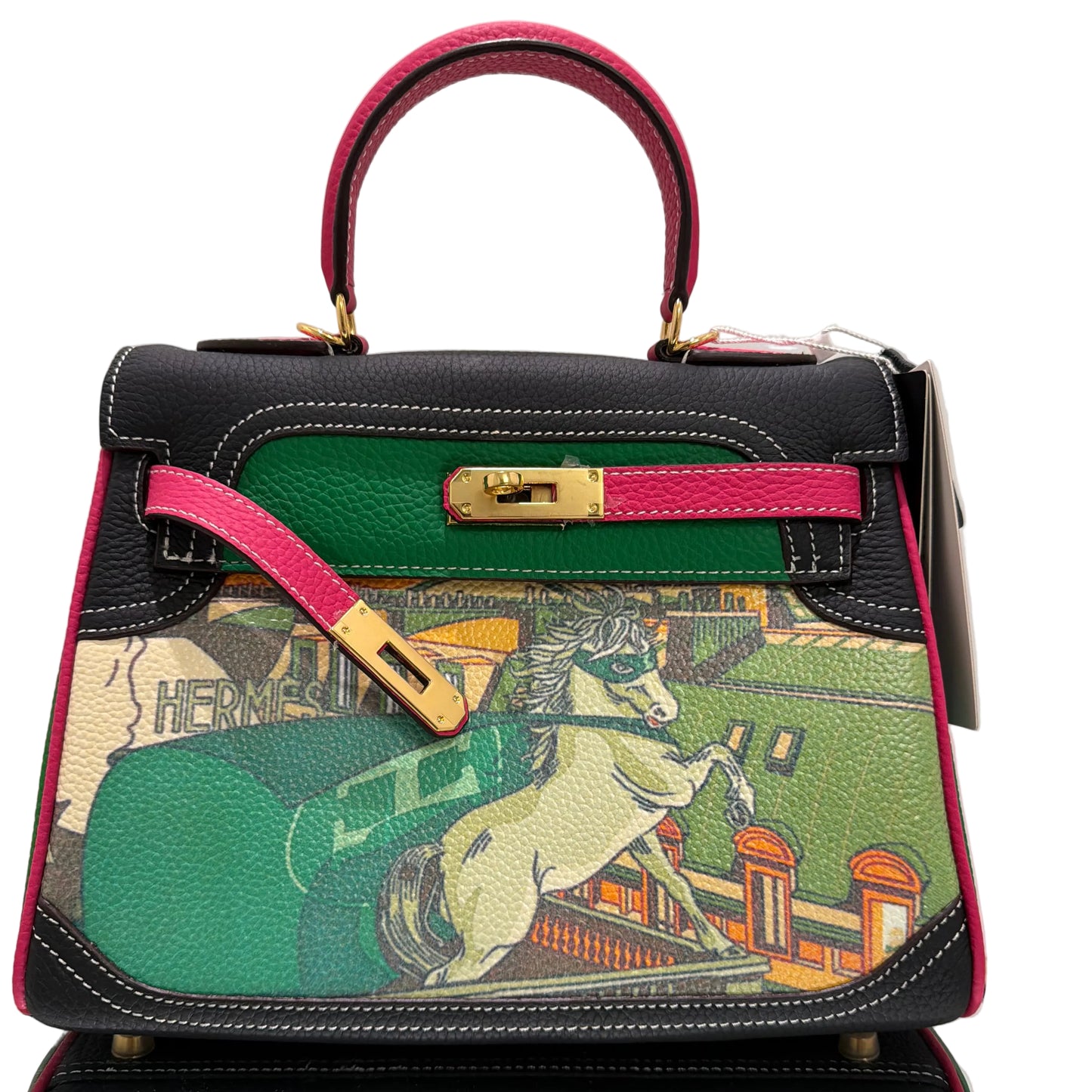 Designer handbag with colorful pattern on a light background