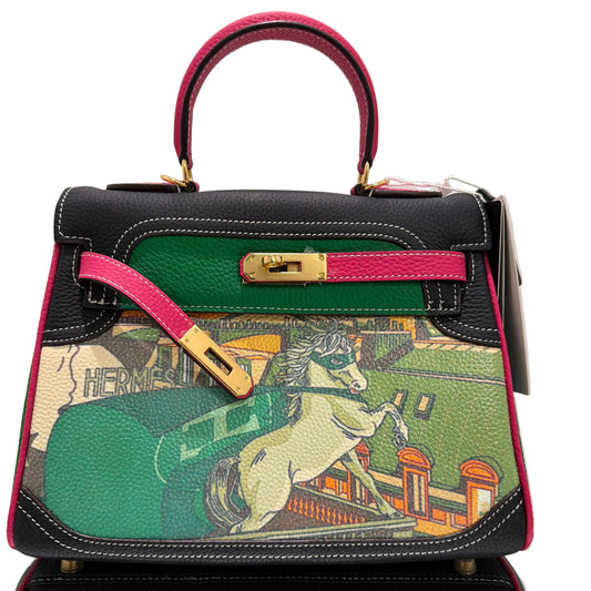 Designer handbag with colorful pattern on a light background