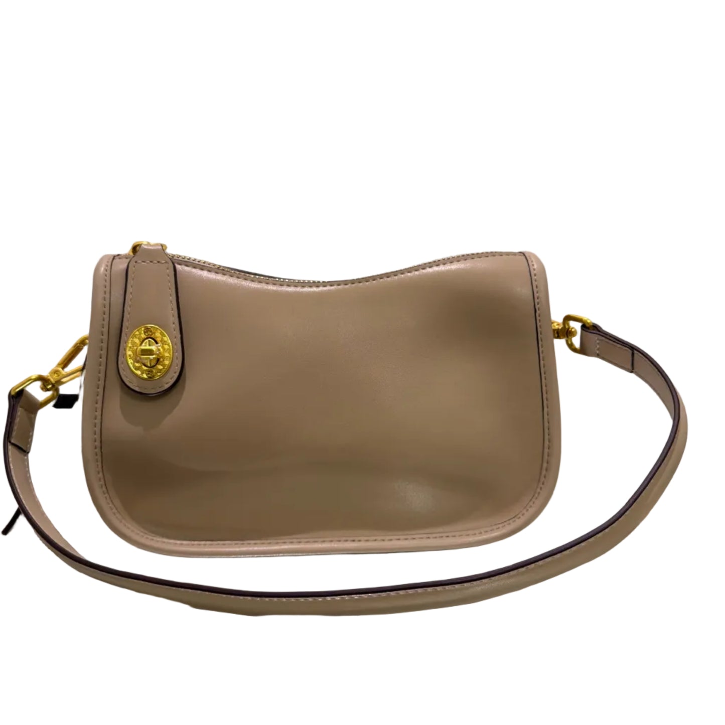 Beige handbag with gold accents on a light gray background
