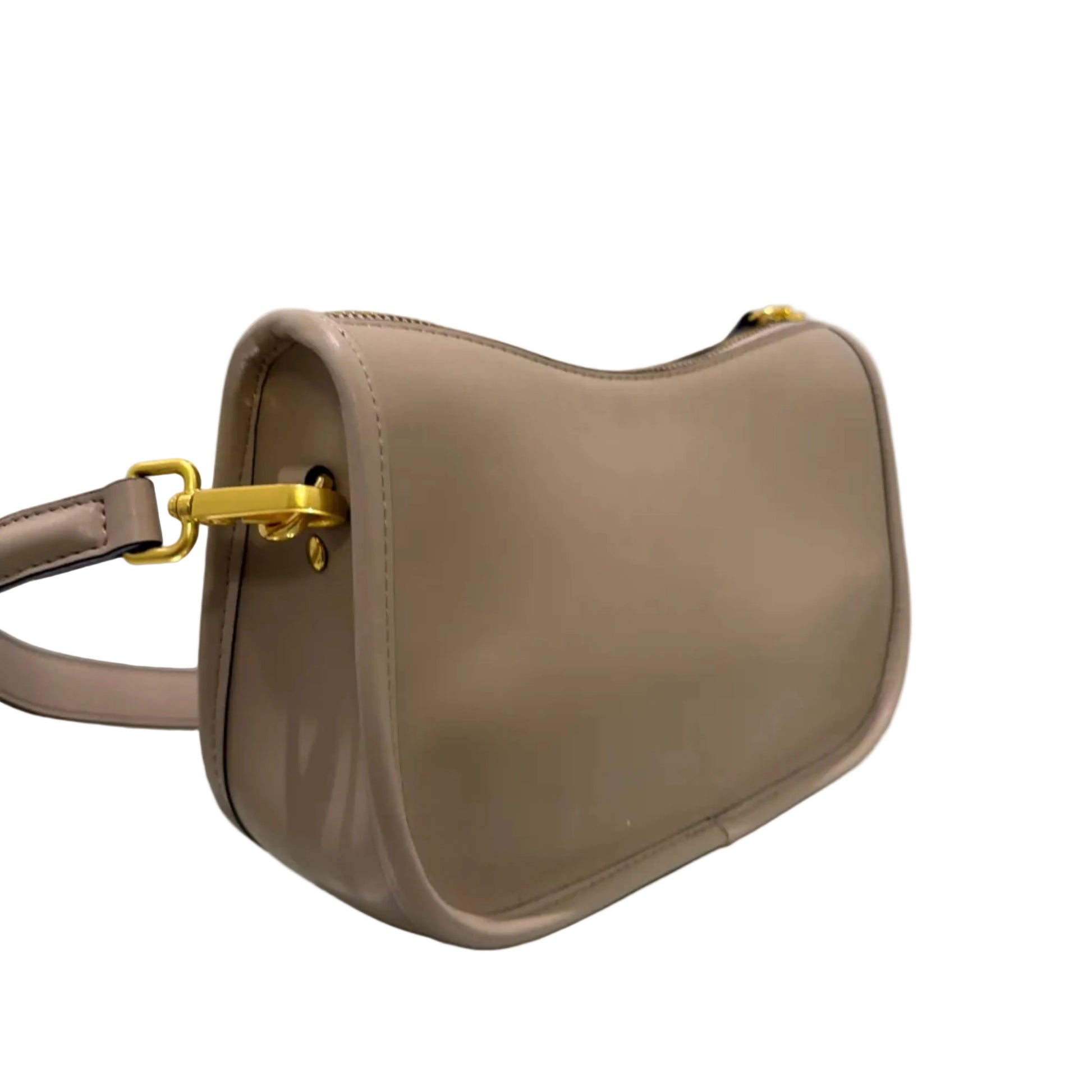 Beige handbag with gold clasp on a white background