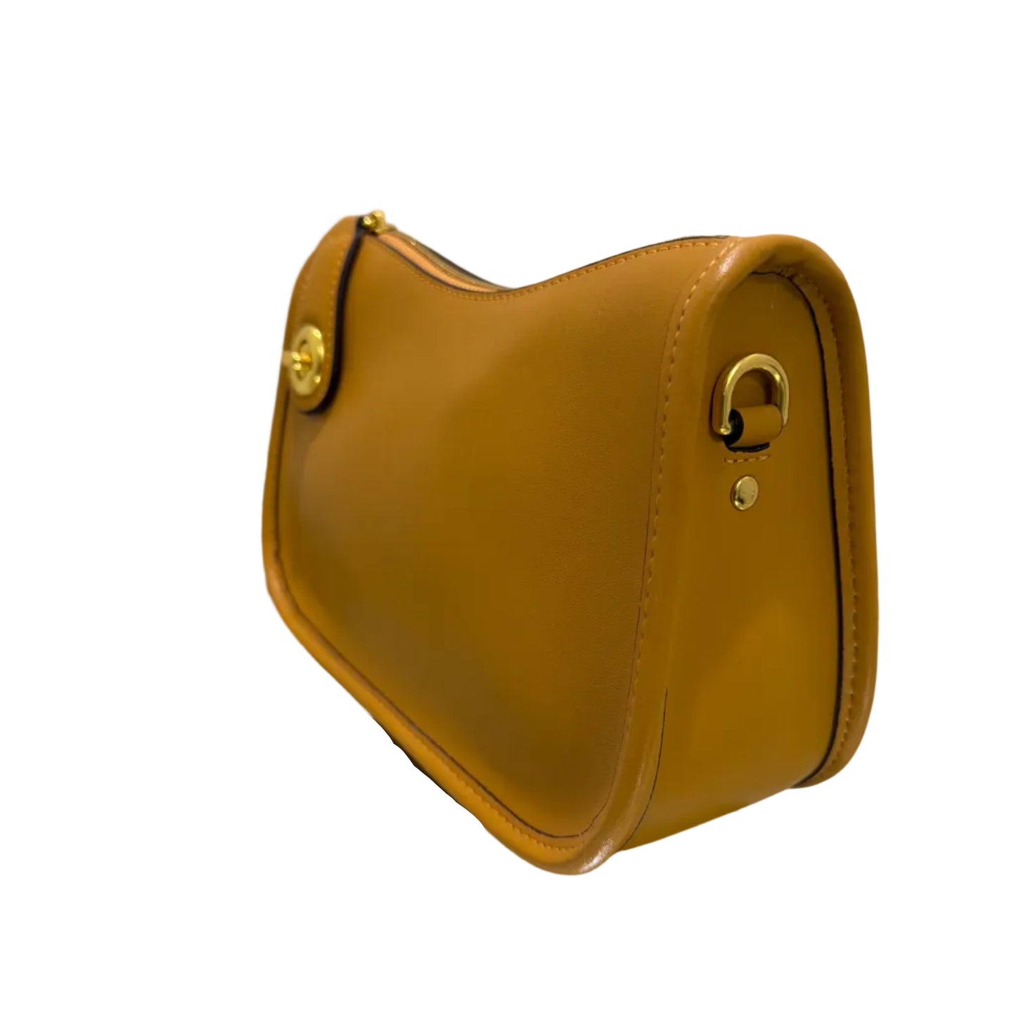 Close-up of a brown leather bag with gold hardware on a light gray background