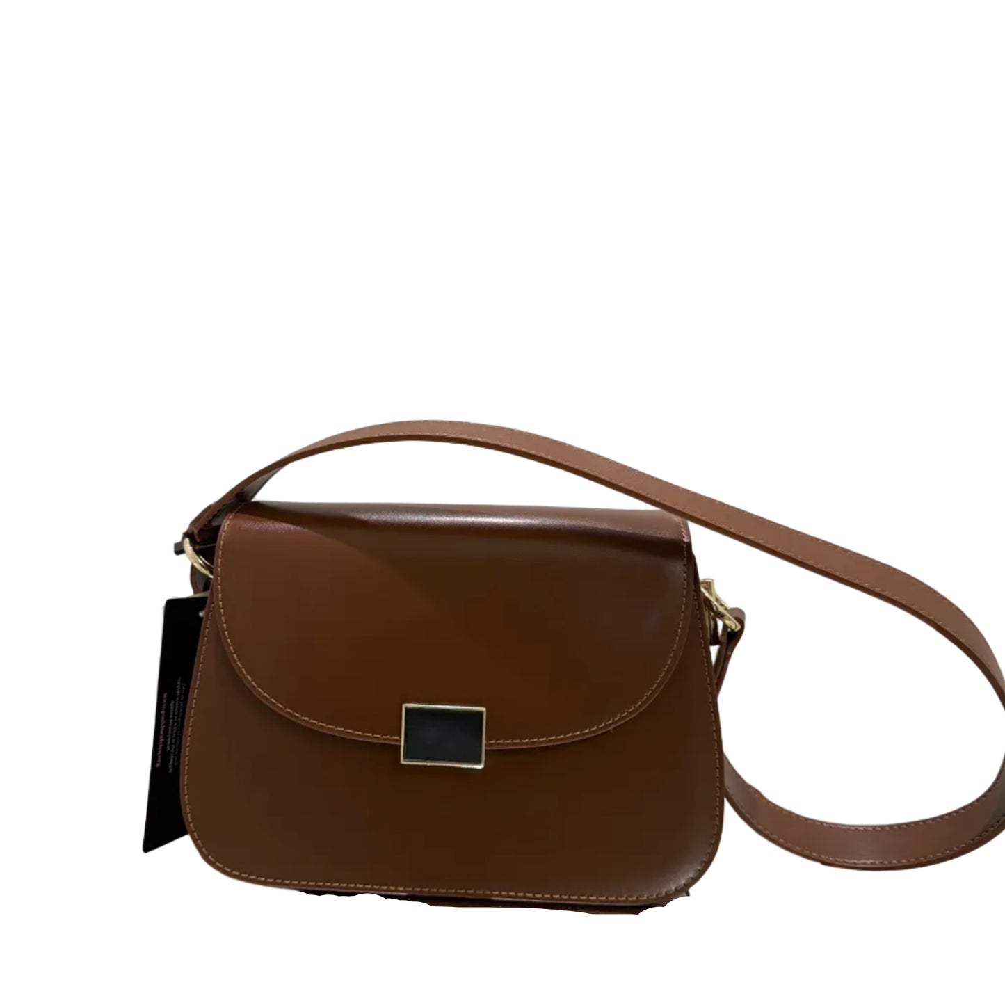 Brown handbag with gold accents on a white background