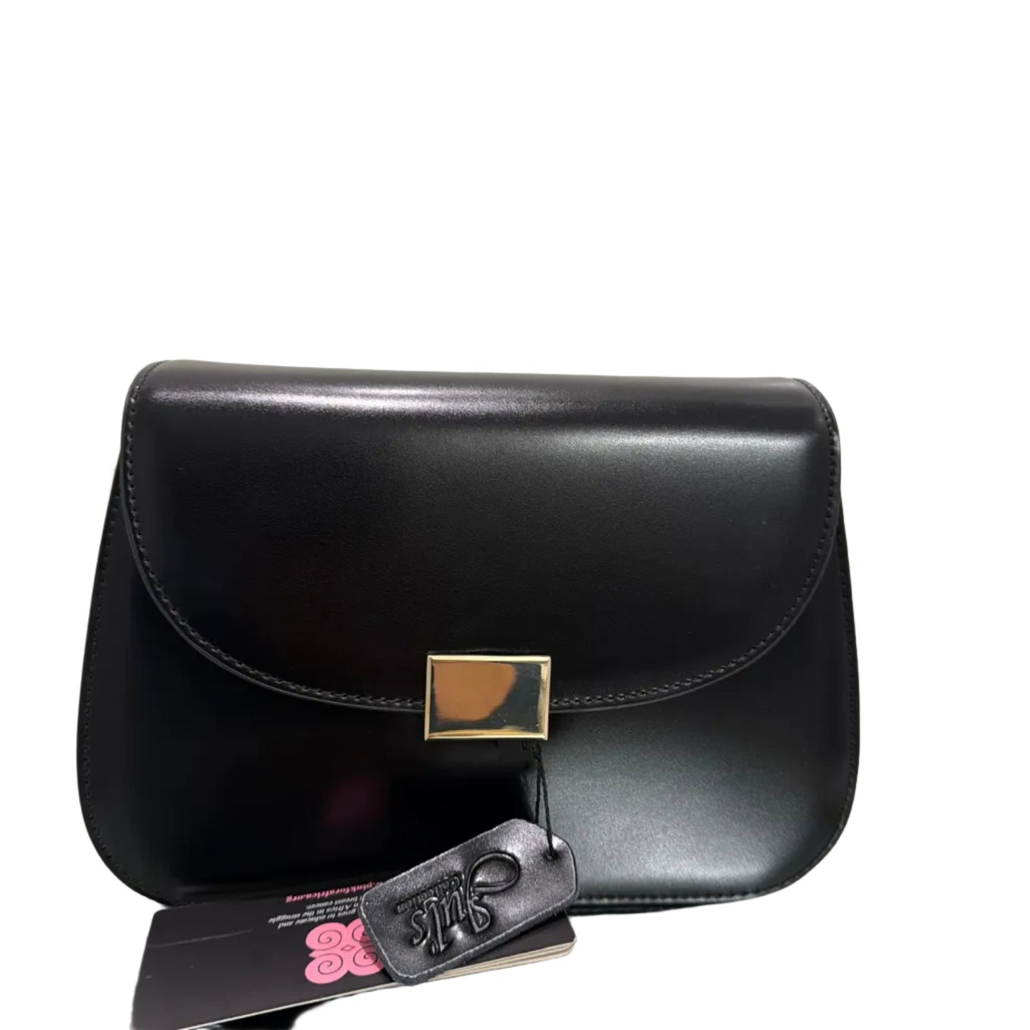 Black leather handbag with gold clasp on a light gray background
