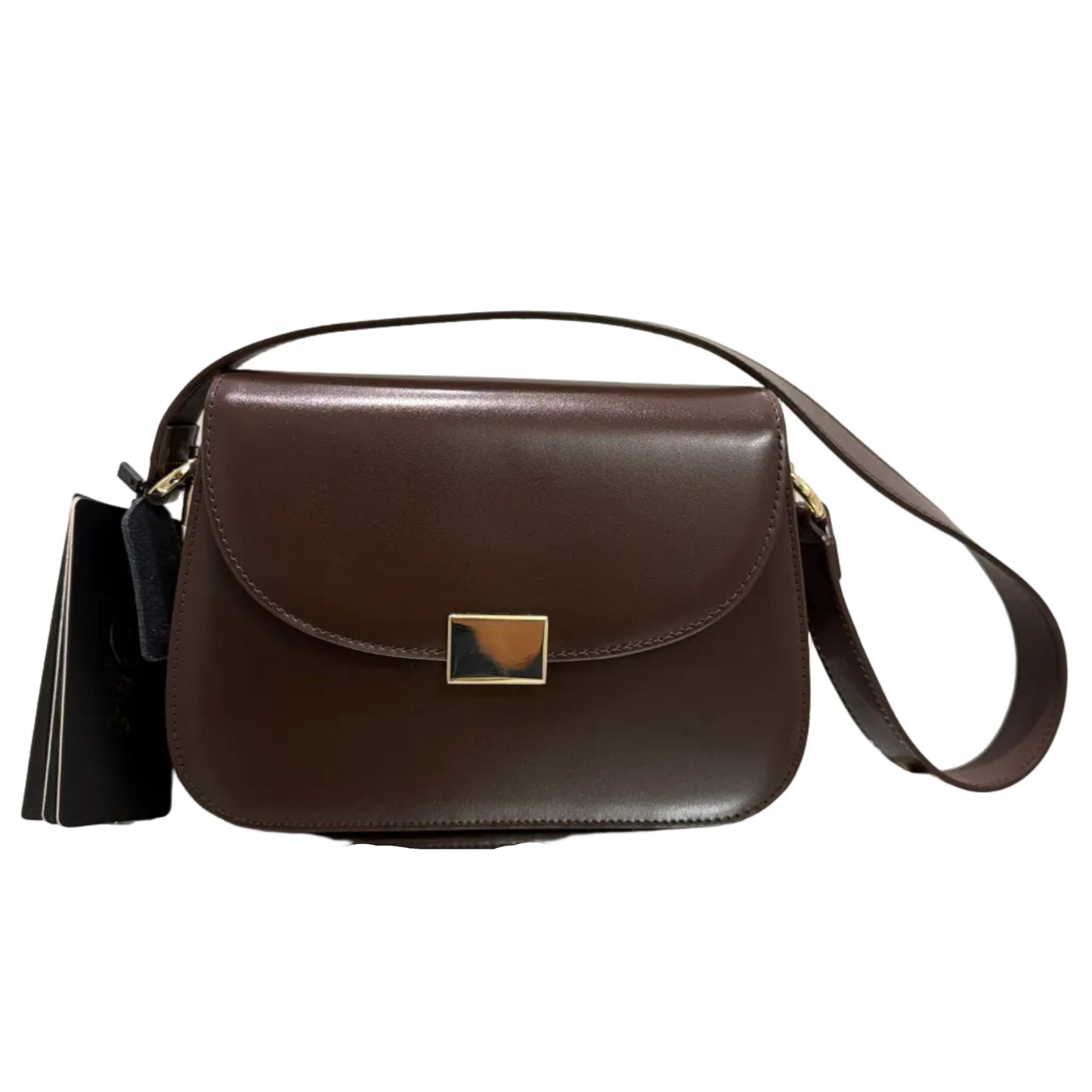 Brown leather handbag with gold clasp on a light background
