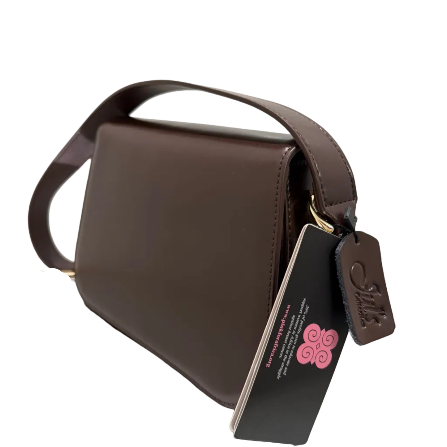 Brown handbag with a visible brand tag on a light gray background