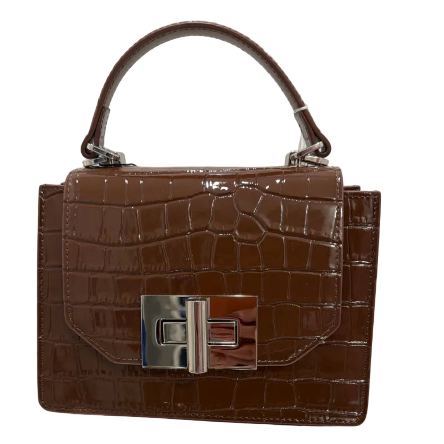 Brown crocodile-patterned handbag with silver clasp on a light background