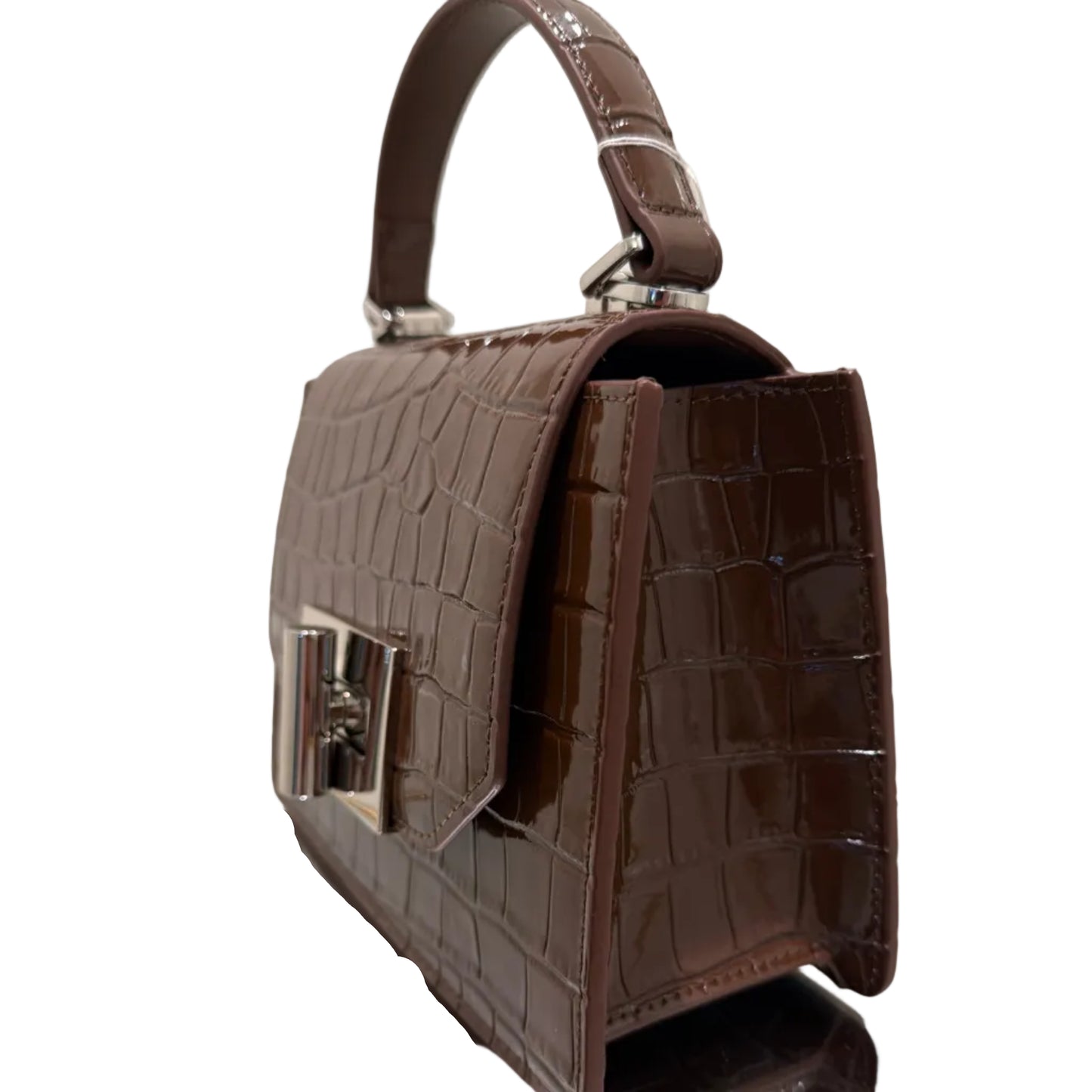 Brown crocodile-patterned handbag on a white surface