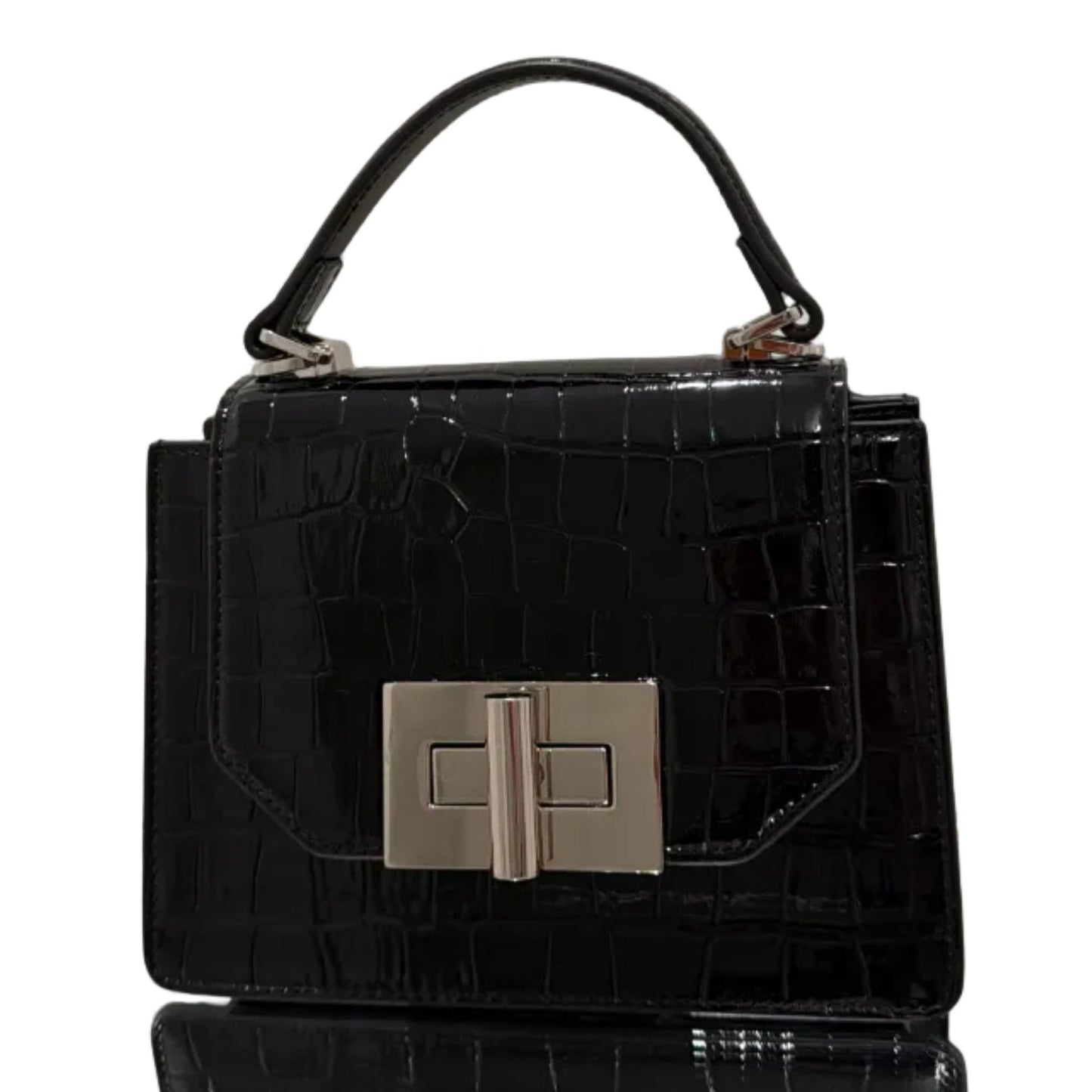 Black crocodile-patterned handbag with silver clasp on a light gray background