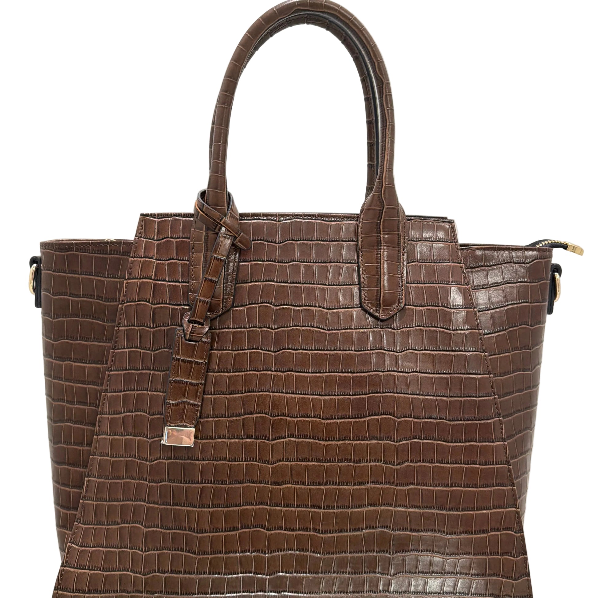 Brown crocodile-patterned leather bag on a white background