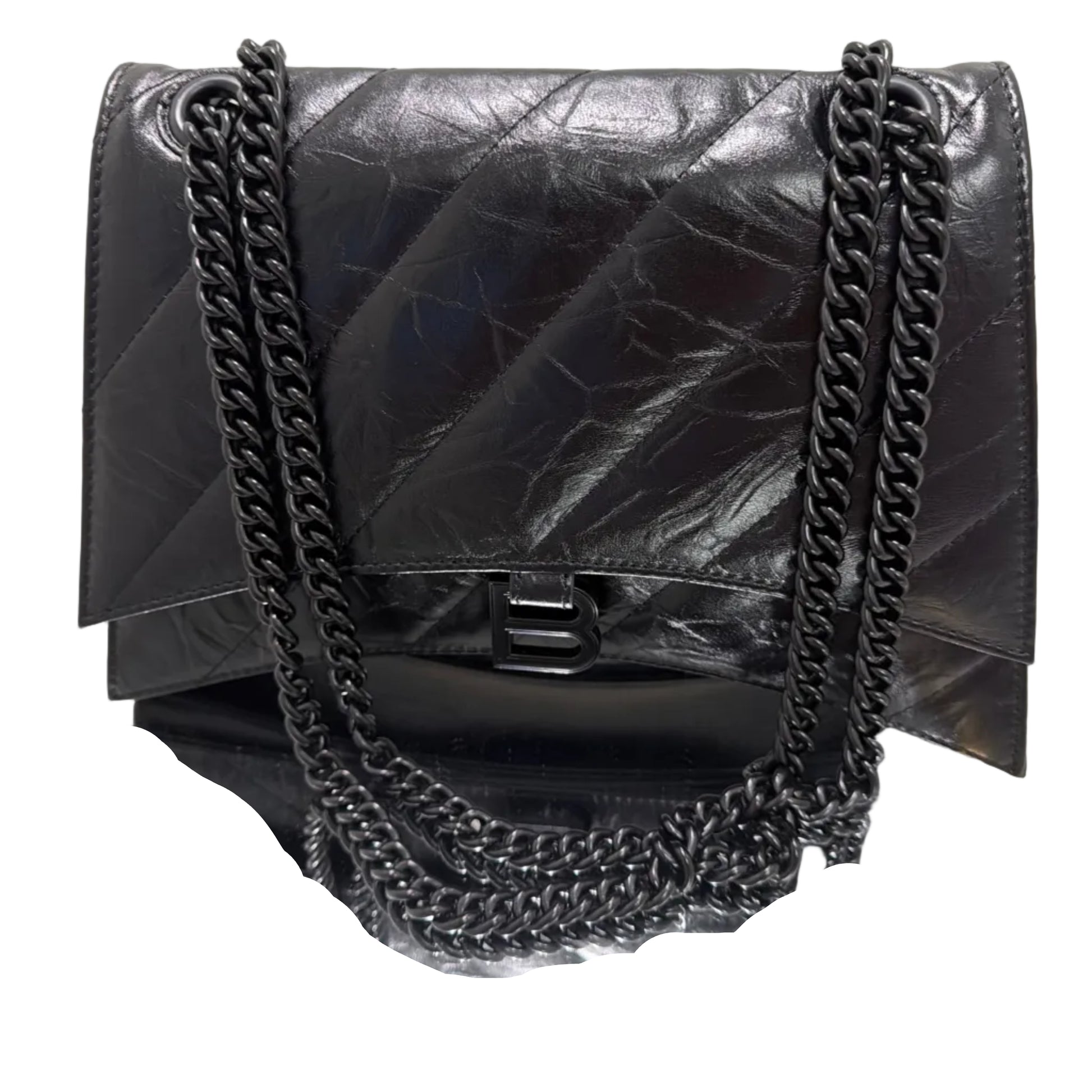Black leather clutch with chain detail on a light background