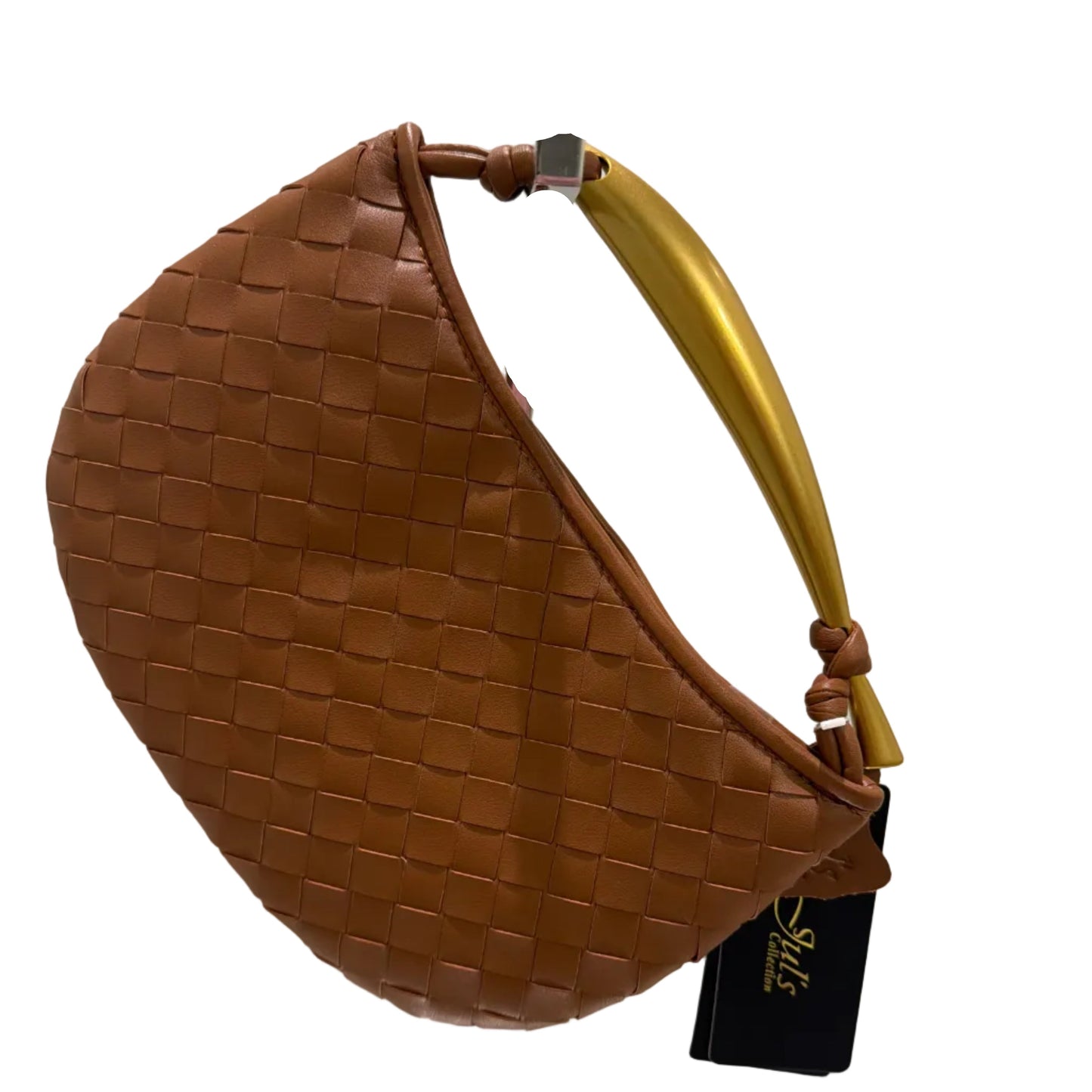 Brown woven handbag with a gold handle on a white background