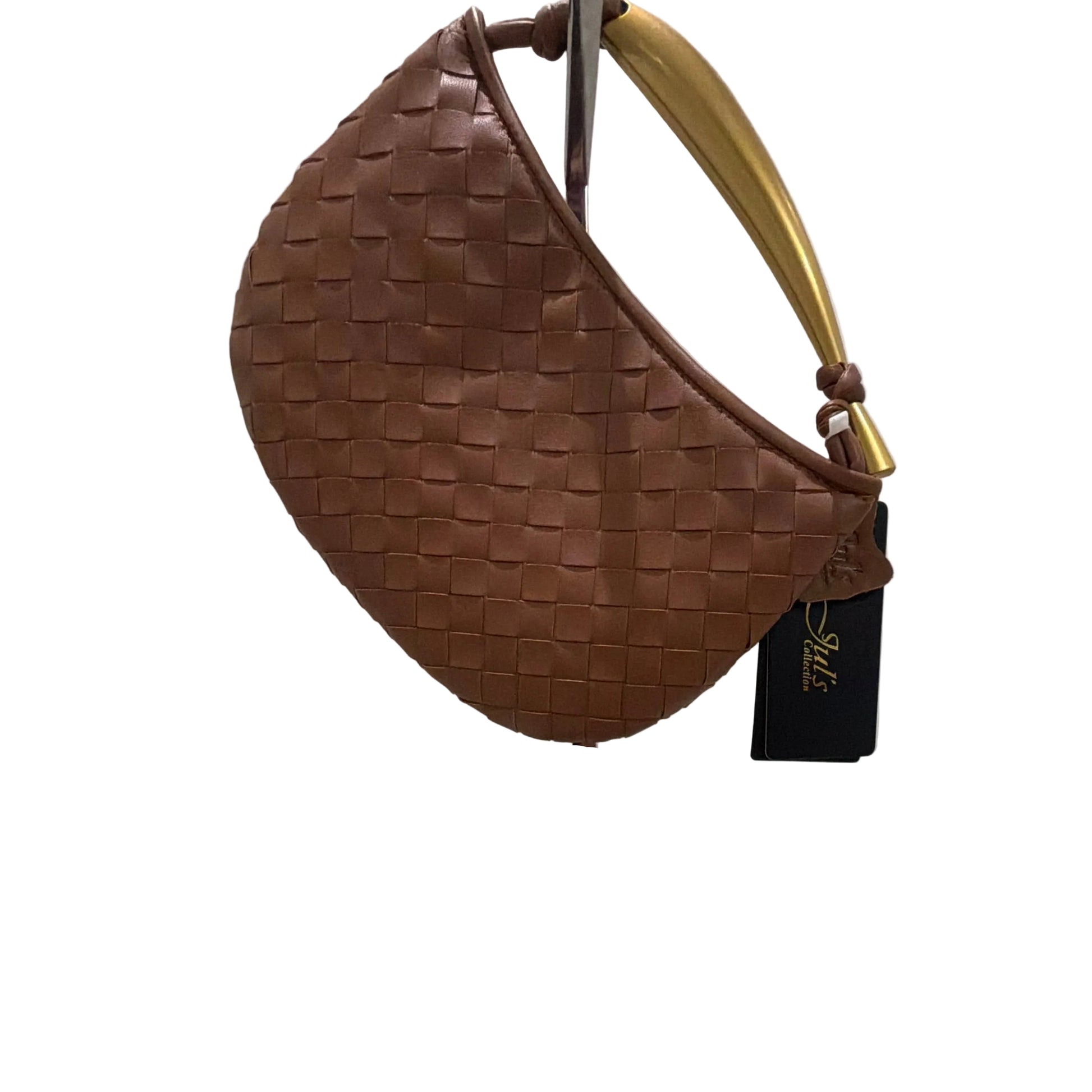 Brown handbag with gold handle on a white background