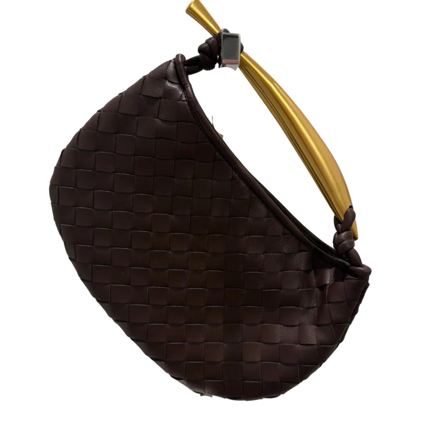 Brown woven handbag with gold handle on a white background
