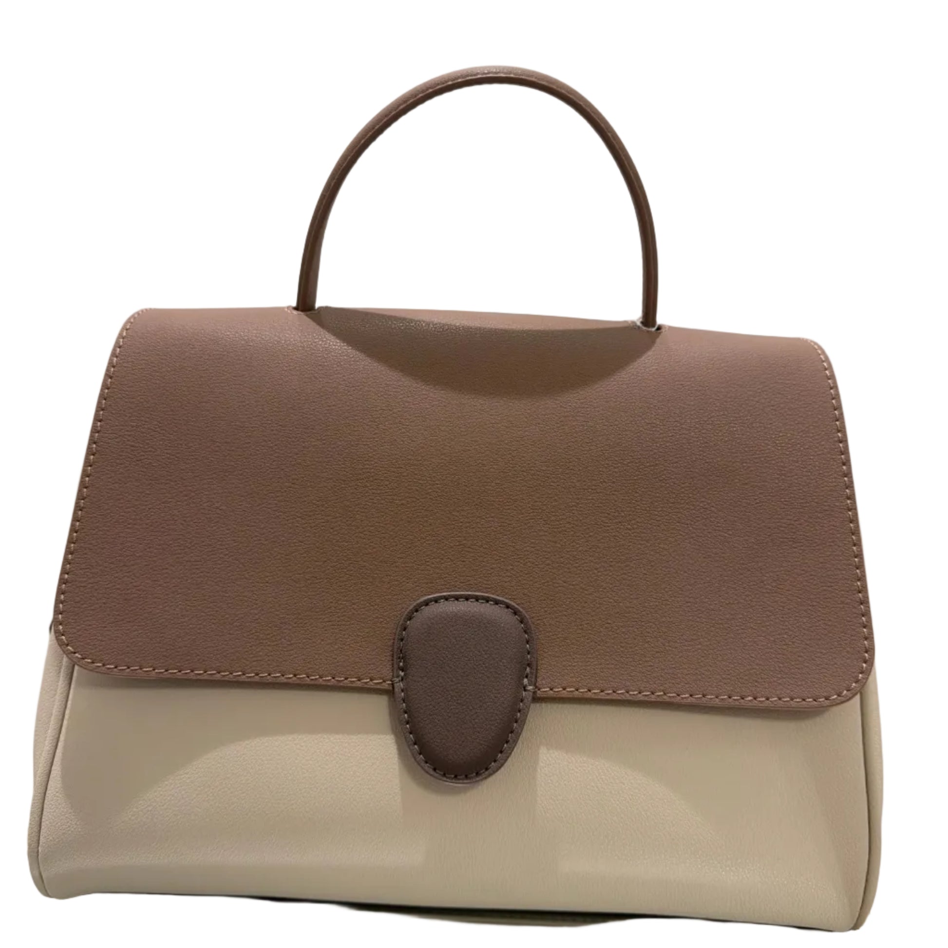 Brown leather handbag with a handle on a white background