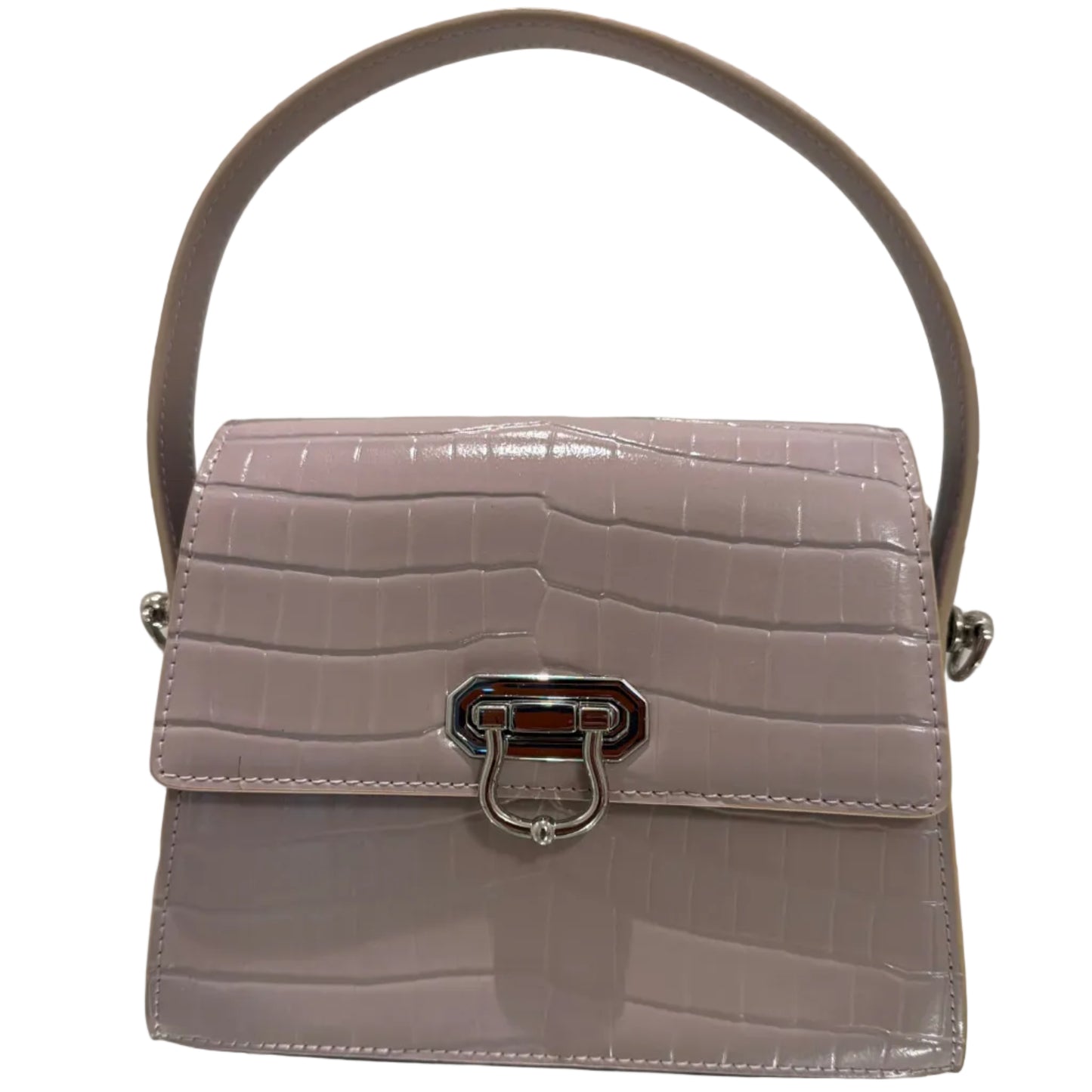 Light purple handbag with a textured pattern on a white background