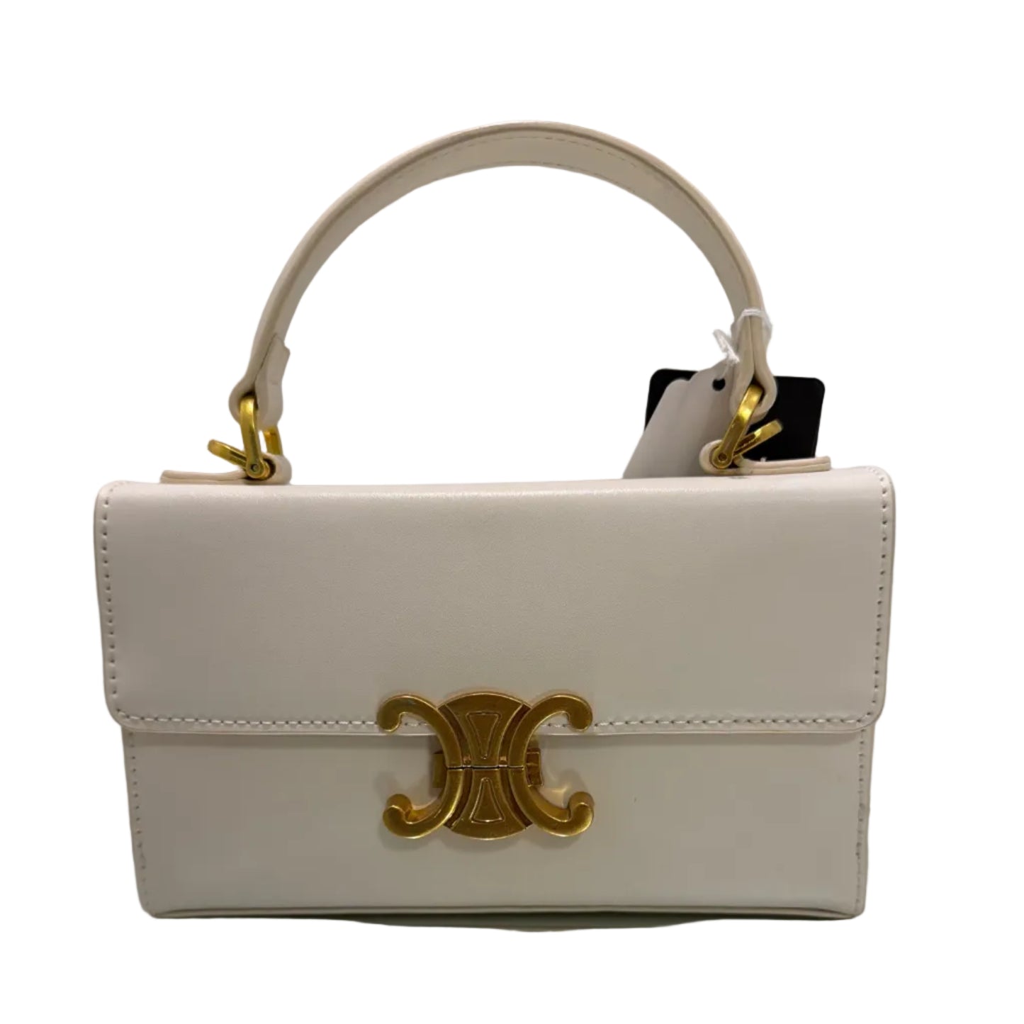 White handbag with gold handles and clasp on a light gray background