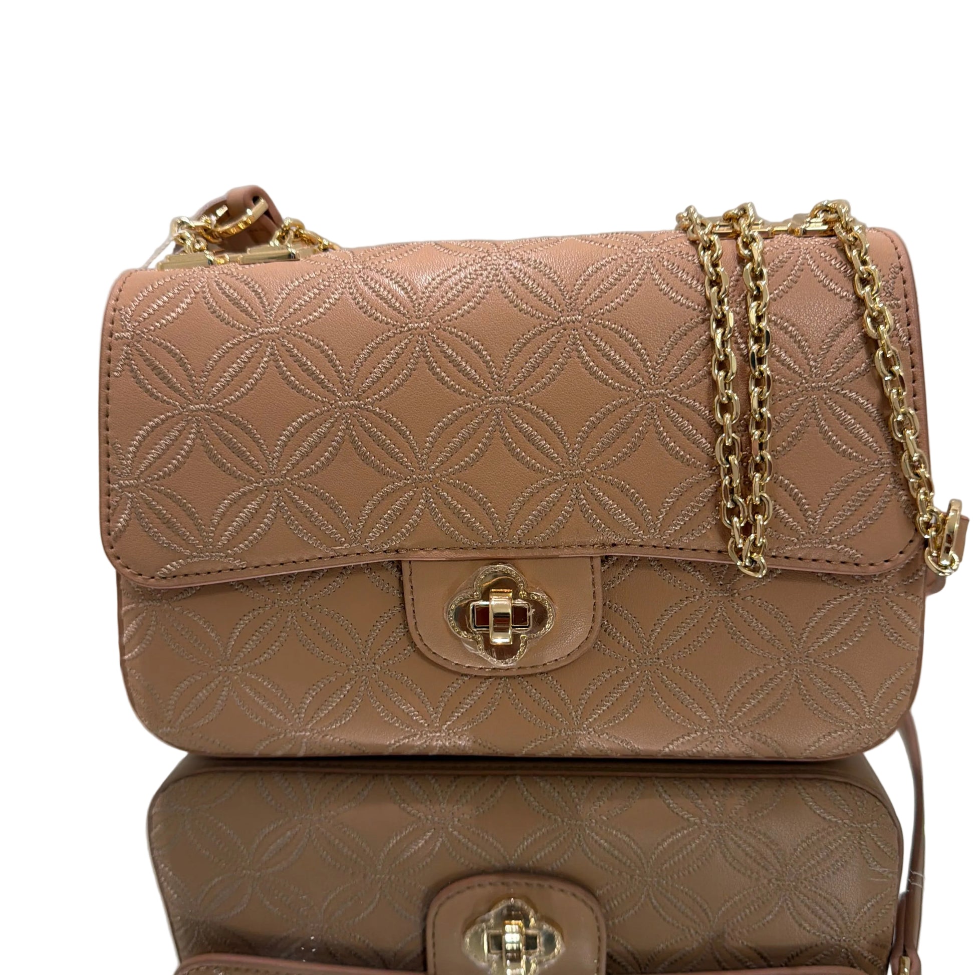 Two beige handbags with gold chains on a light gray background