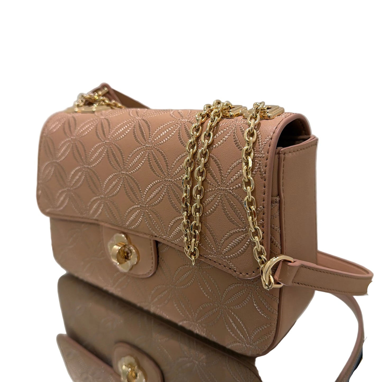 Beige handbag with gold chain detail on a white surface
