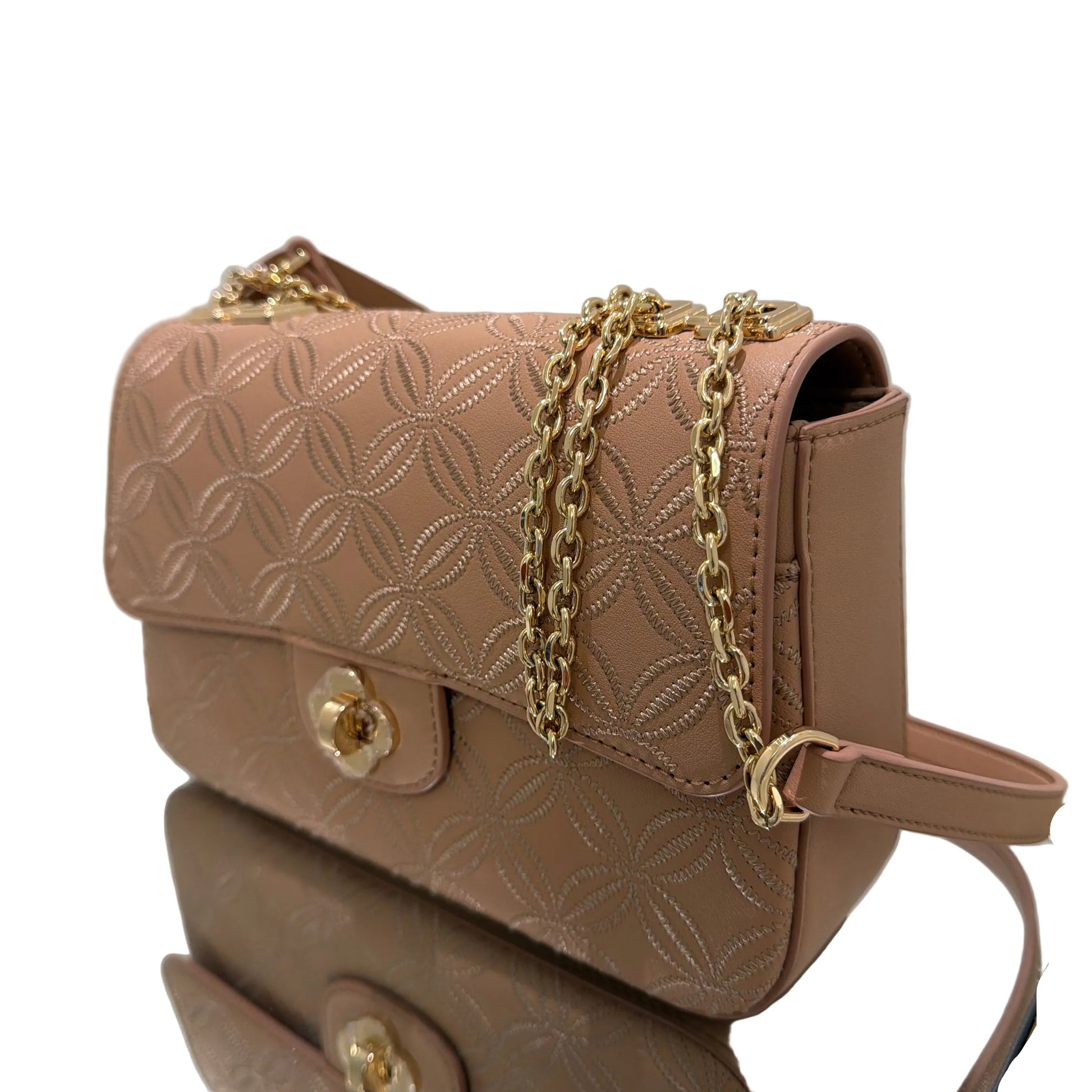 Beige handbag with gold chain detail on a white surface