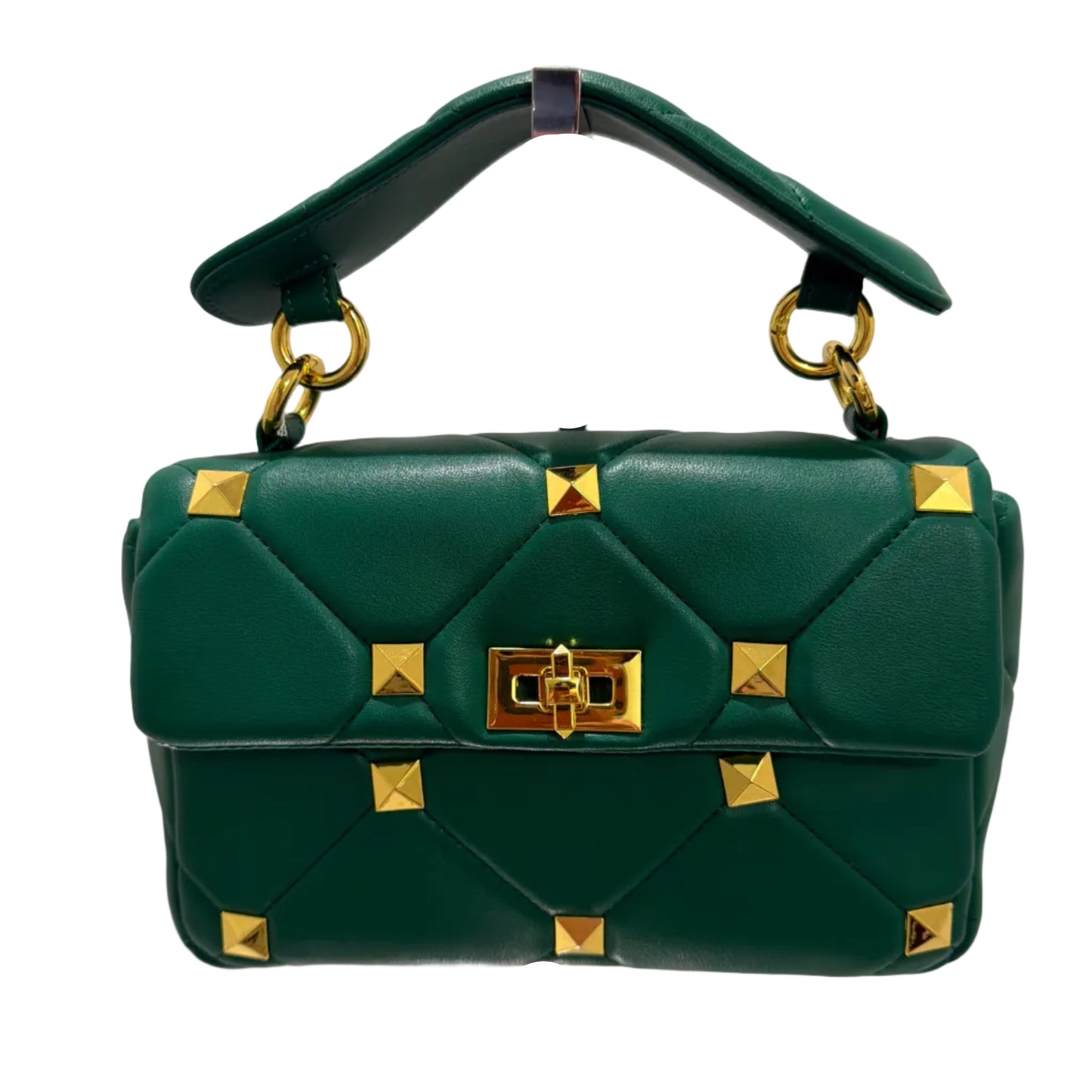 Green handbag with gold accents on a light beige background