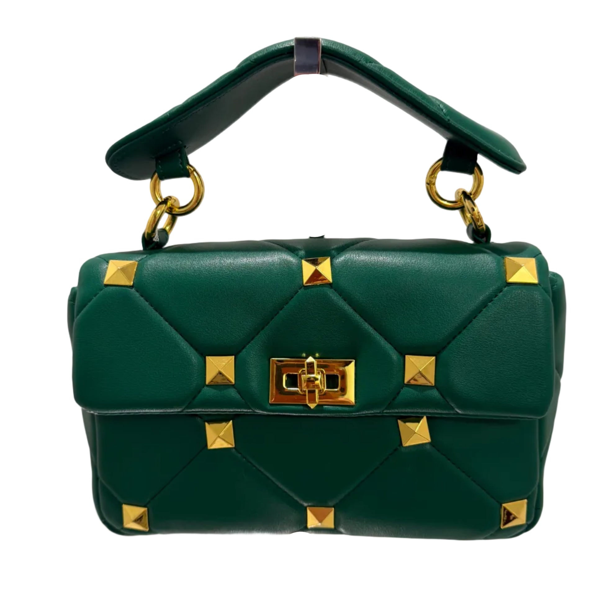Green handbag with gold accents on a light beige background