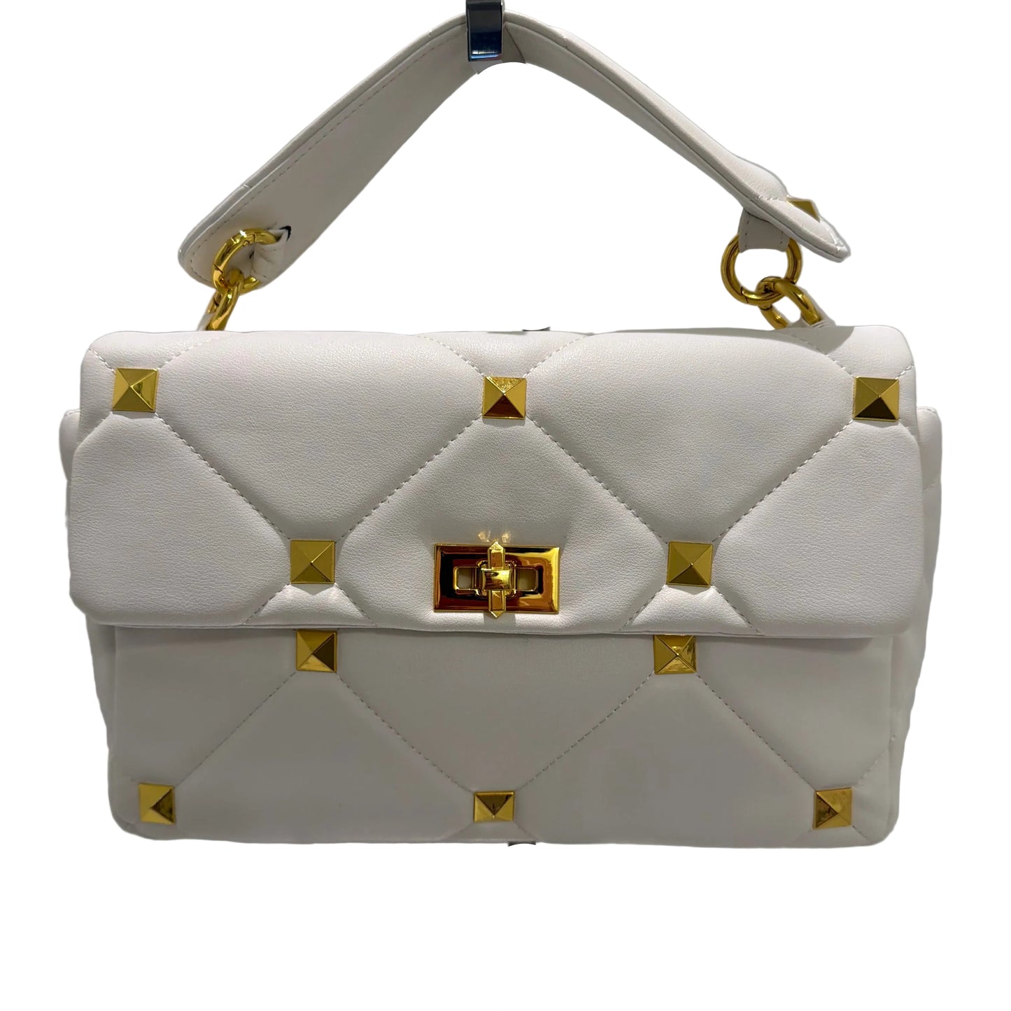White handbag with gold accents on a white background