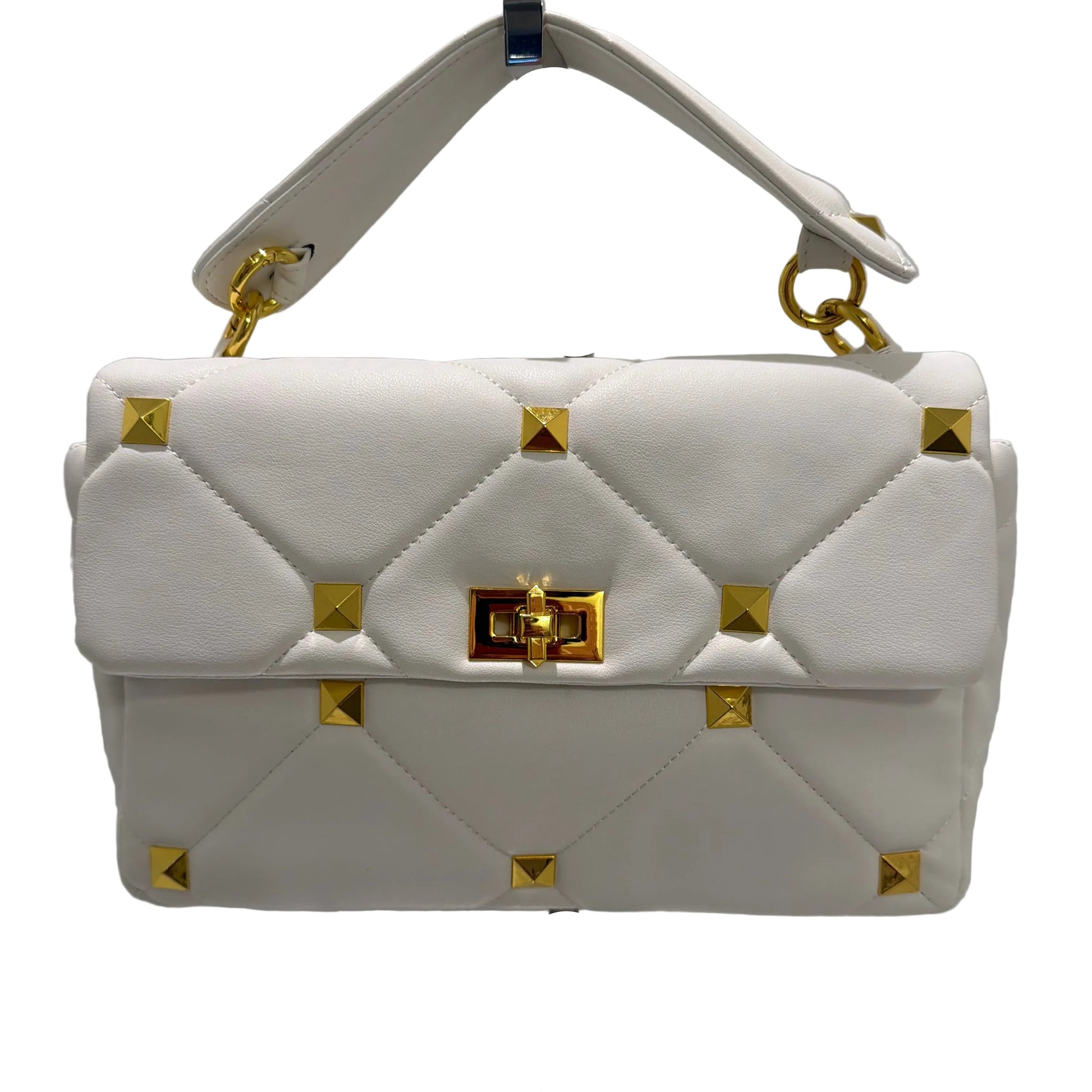 White handbag with gold accents on a white background